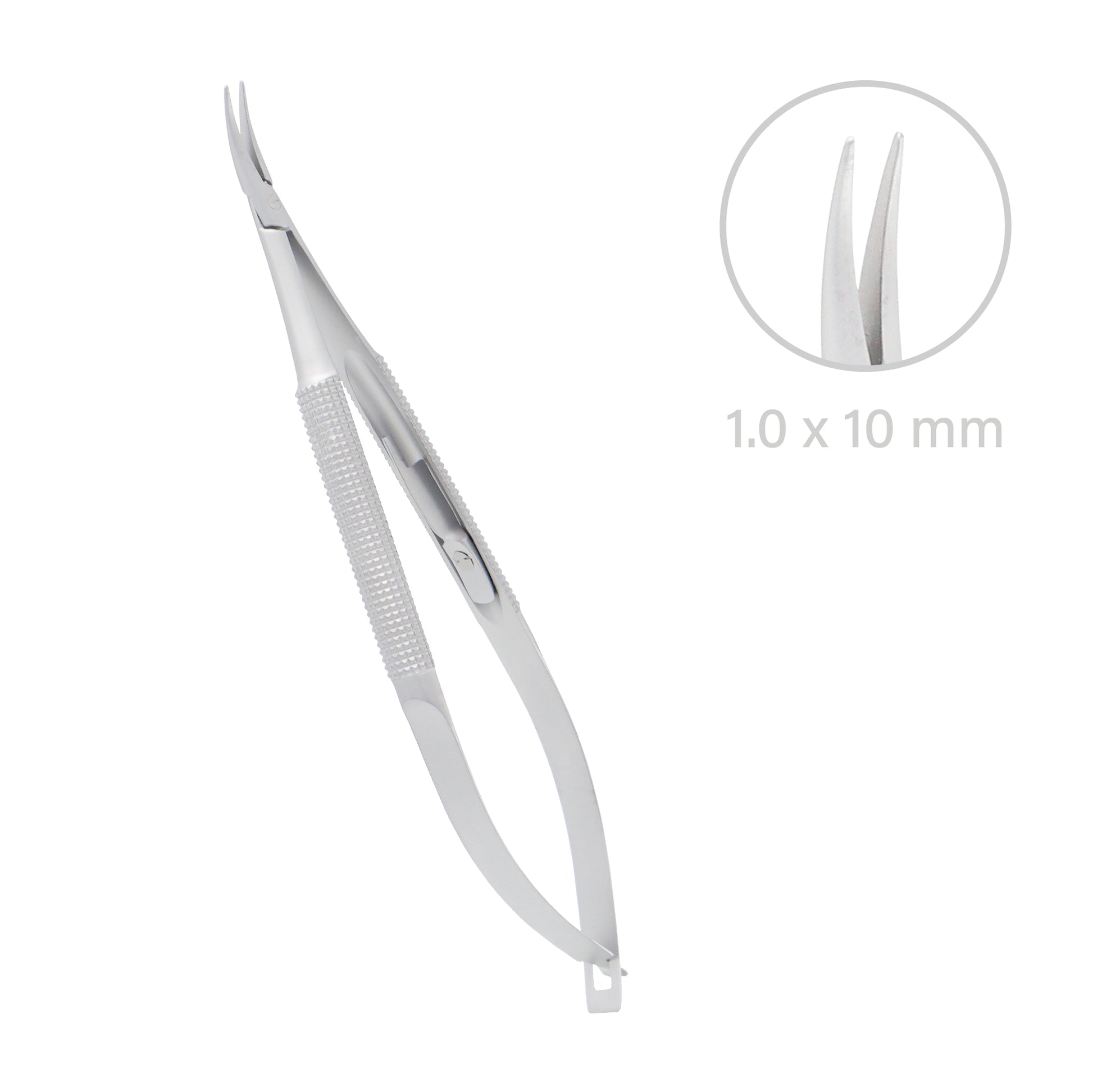 Stainless steel Barraquer Micro-Needle Holder curved standard model 12 cm used in ophthalmic and microsurgical procedures.
