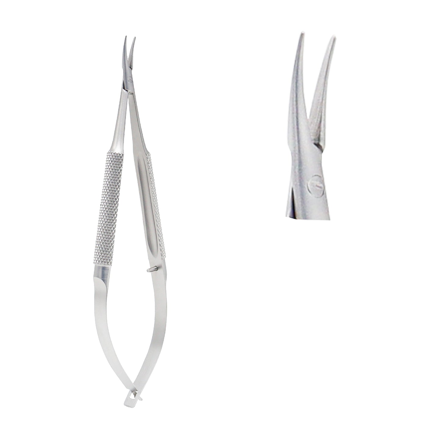 Close-up of Barraquer Micro-Needle Holder curved standard model without lock showing 1.0 x 10 mm tip.