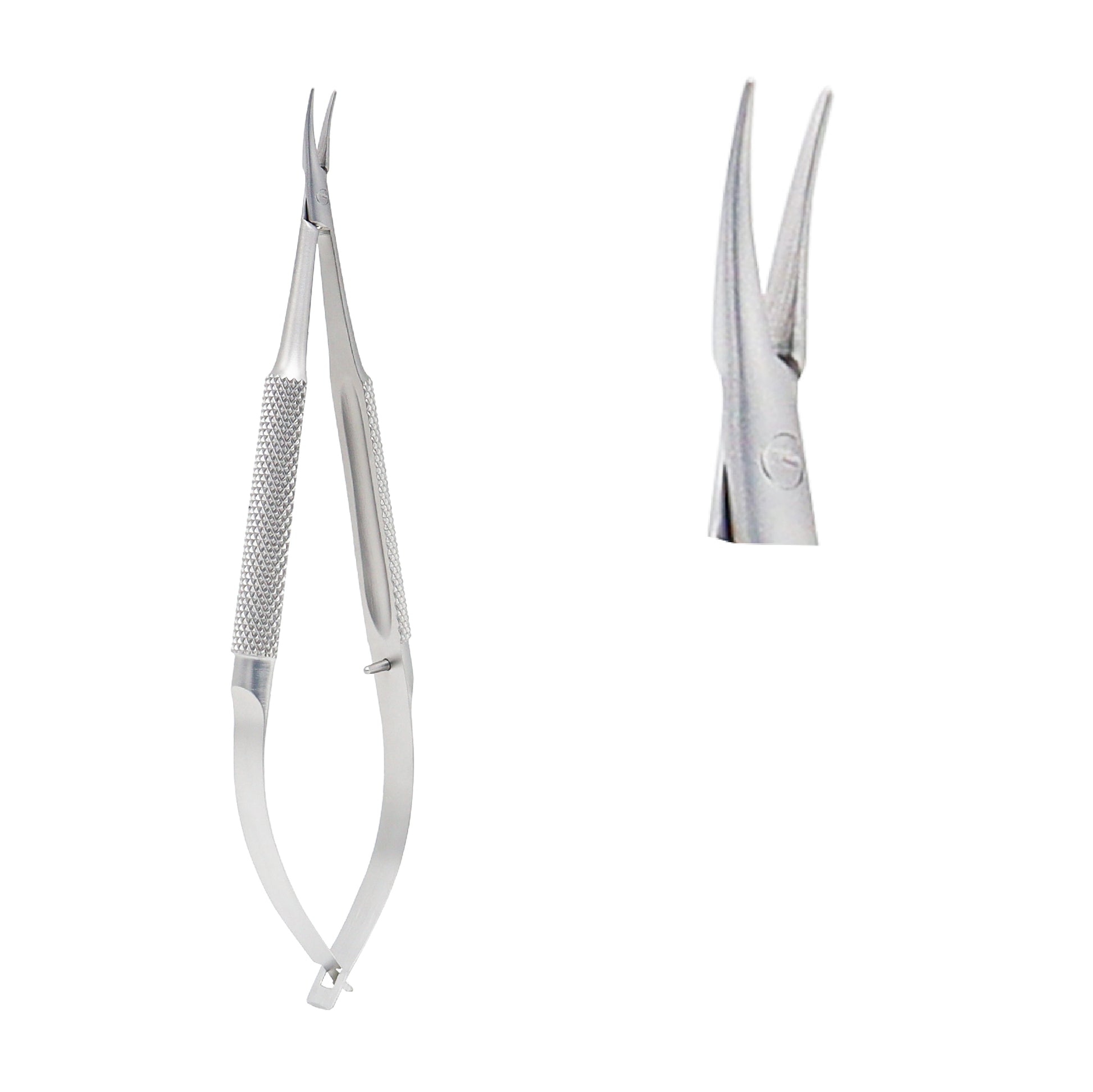 Close-up of Barraquer Micro-Needle Holder curved standard model without lock showing 1.0 x 10 mm tip.