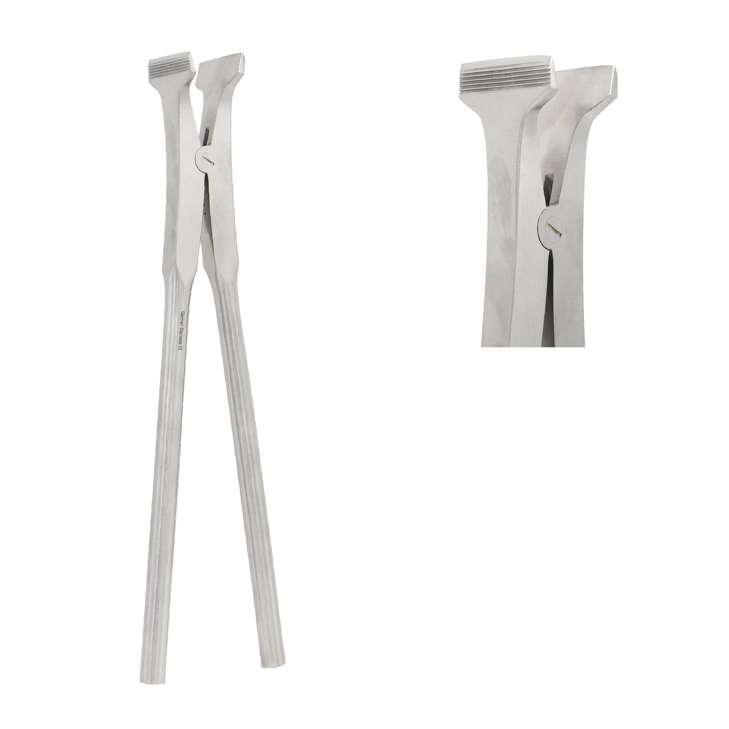 Stainless steel Beeson plaster cast spreader shown in full-length profile view alongside a detailed close-up of its rectangular, horizontally serrated jaws used for orthopedic cast removal.