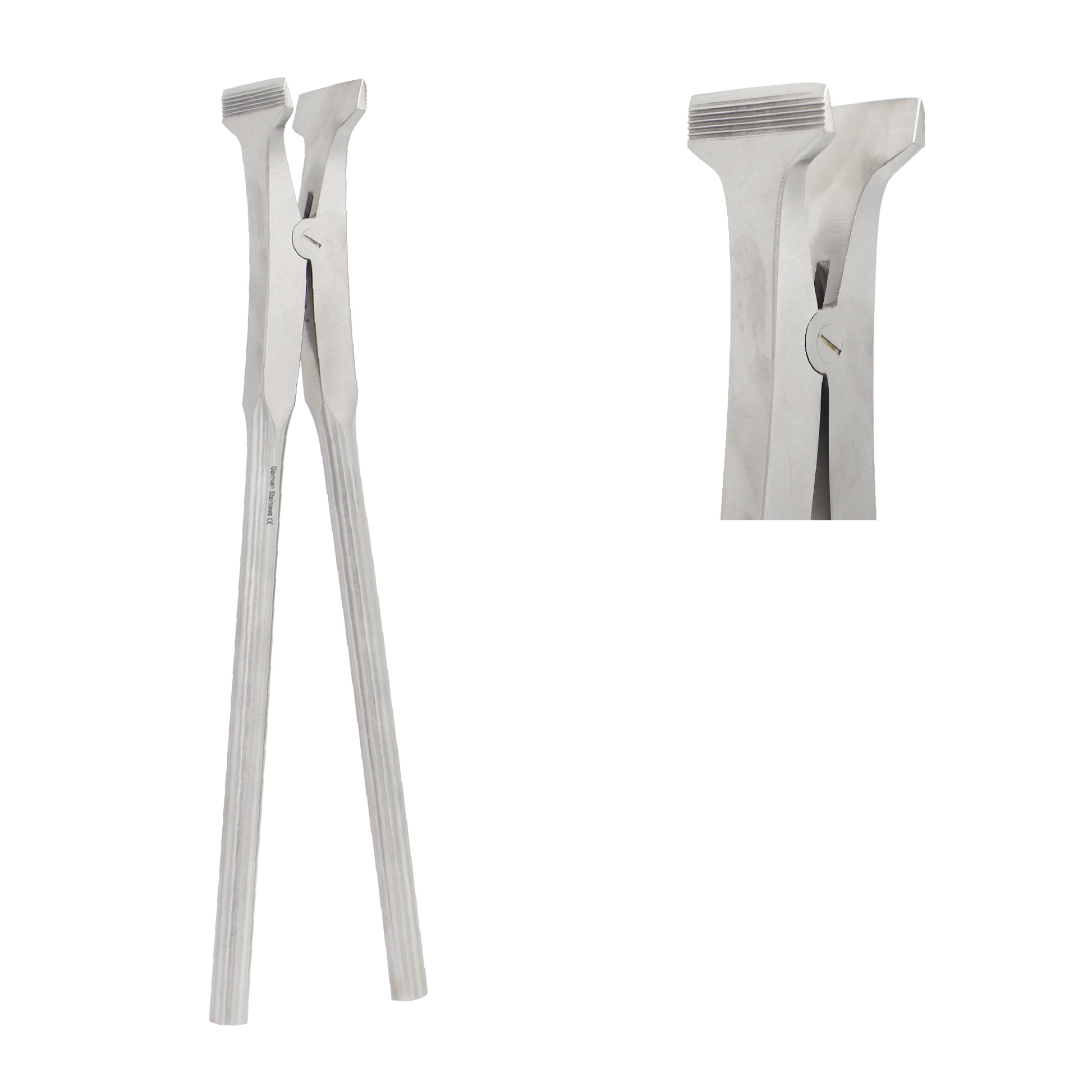 Stainless steel Beeson plaster cast spreader shown in full-length profile view alongside a detailed close-up of its rectangular, horizontally serrated jaws used for orthopedic cast removal.