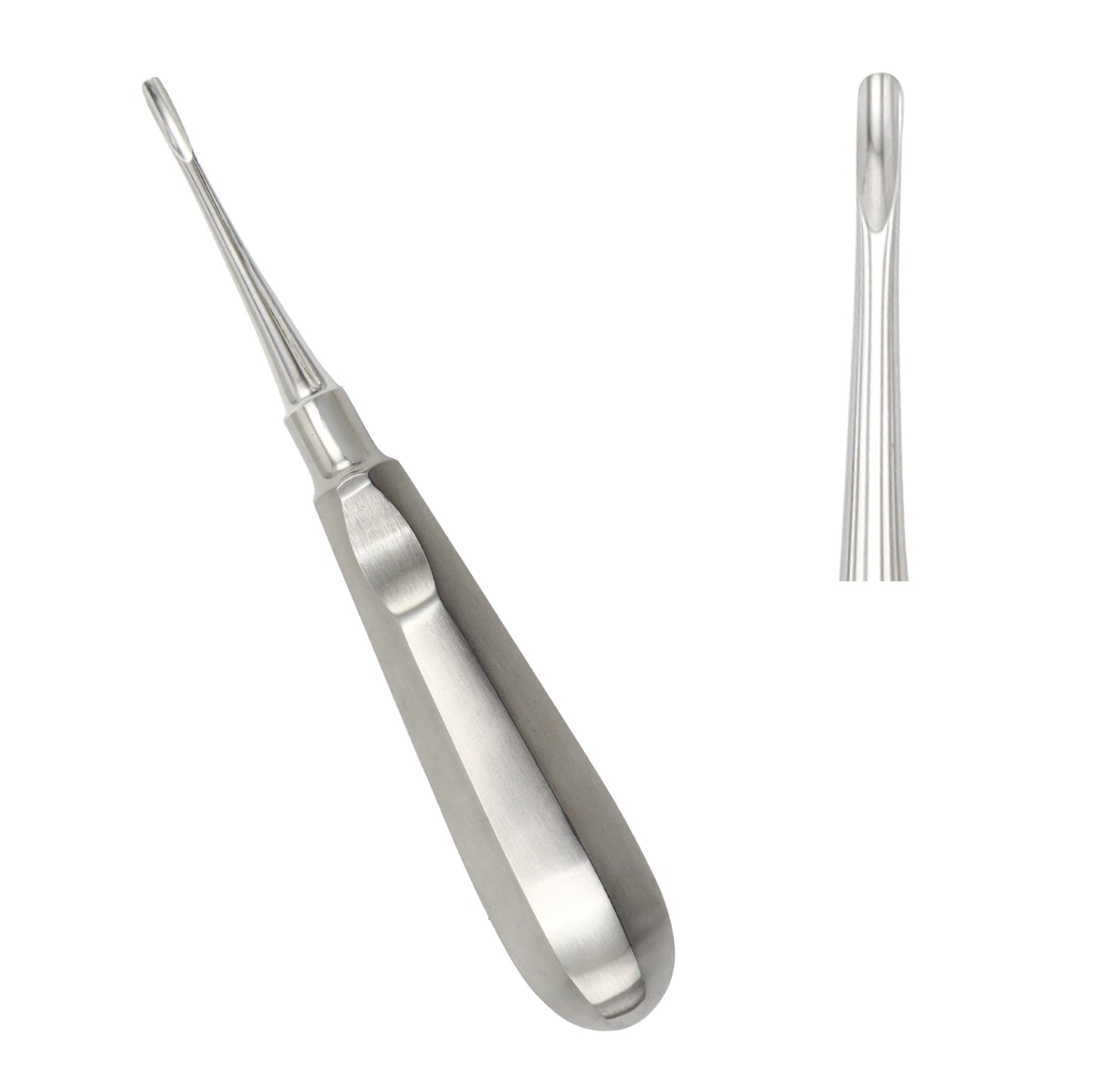 Straight Bein-type dental root elevator instrument made of polished stainless steel, showcasing a full view of the ergonomic metal handle and a close-up detail of the 4mm concave working tip.