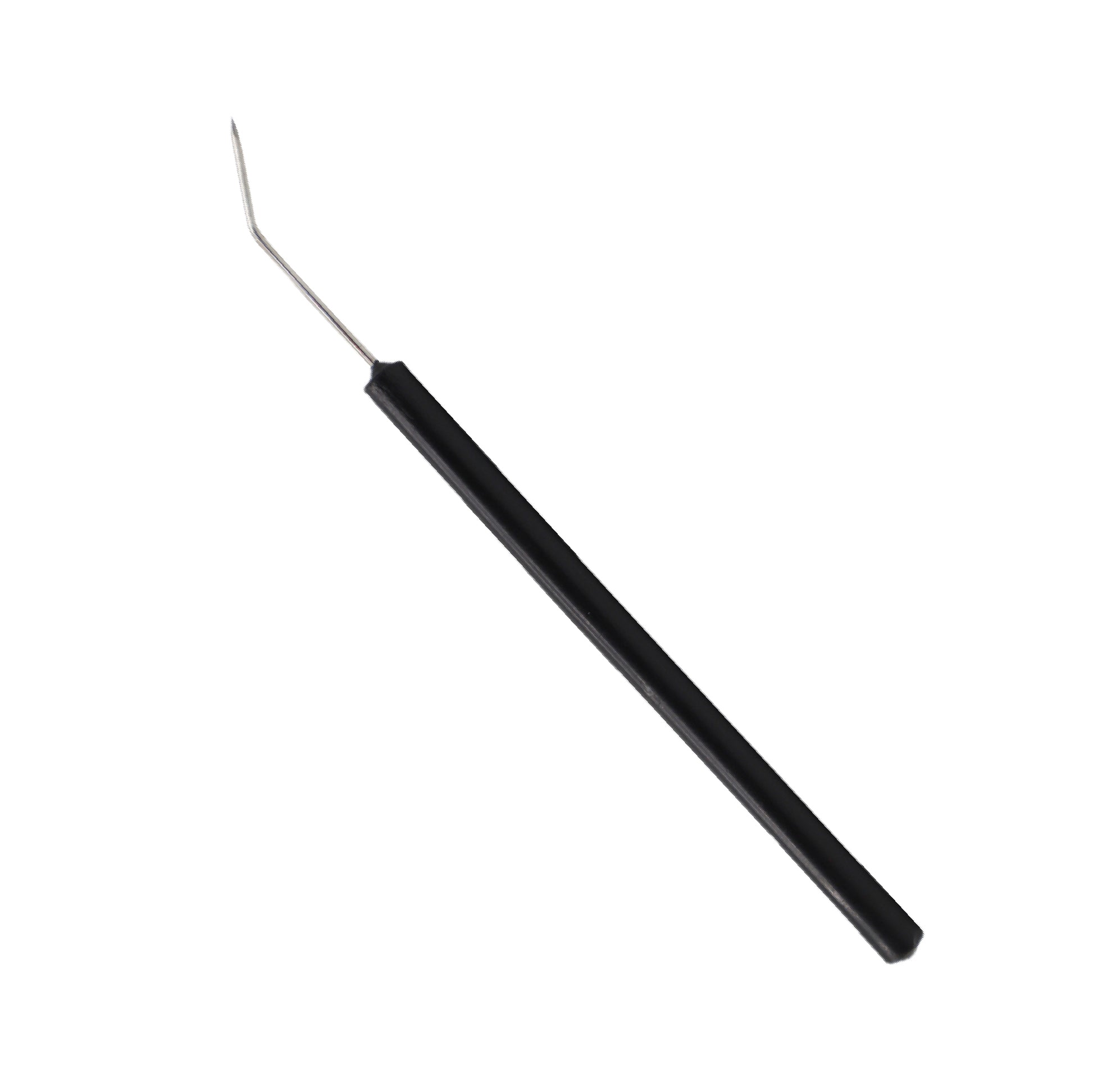 A dissecting teasing needle featuring a long, black cylindrical plastic handle and a fine, stainless steel shaft that ends in a sharp, bent or curved tip.