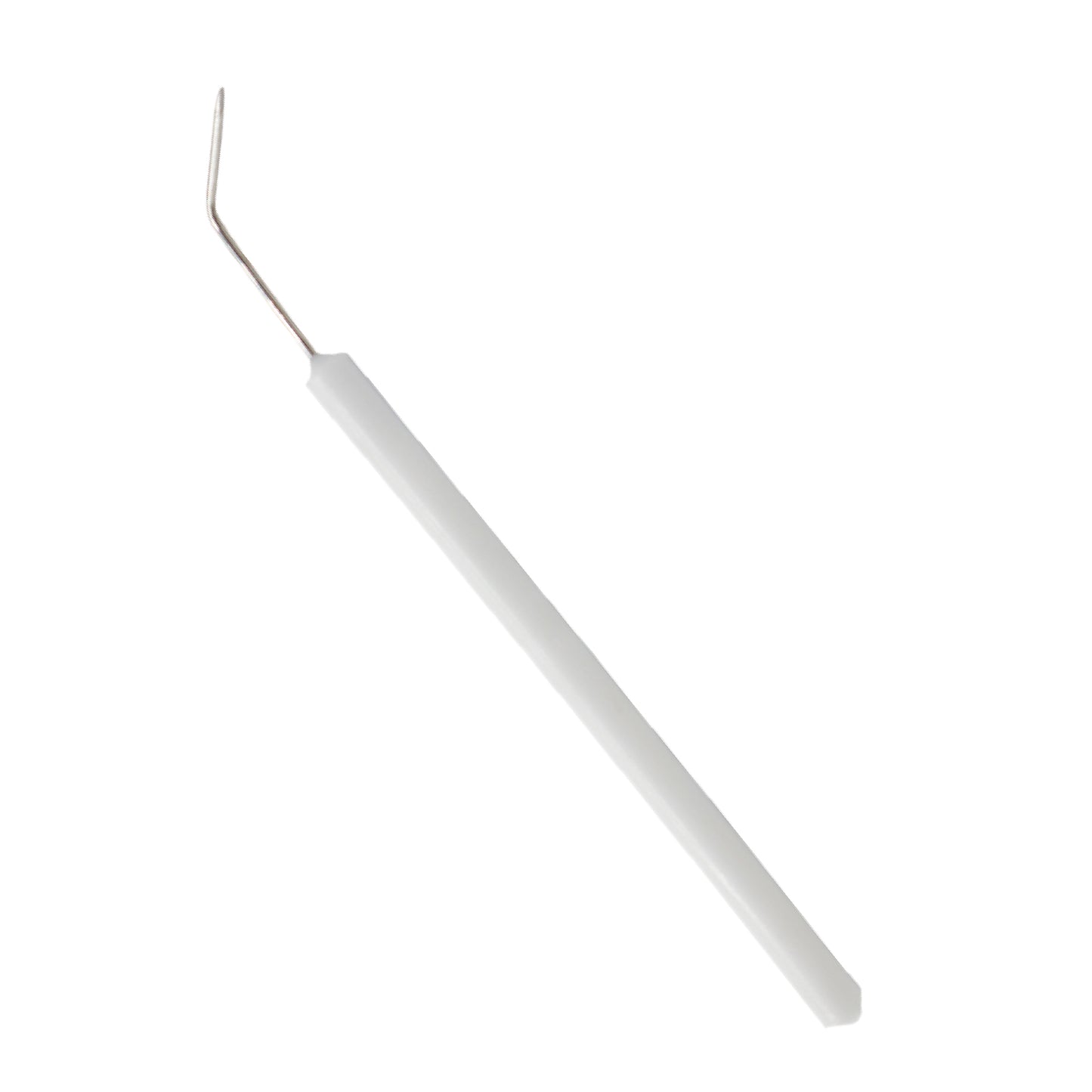  A dissecting teasing needle with a white plastic handle and a stainless steel shaft featuring a 115-degree angled or bent point.