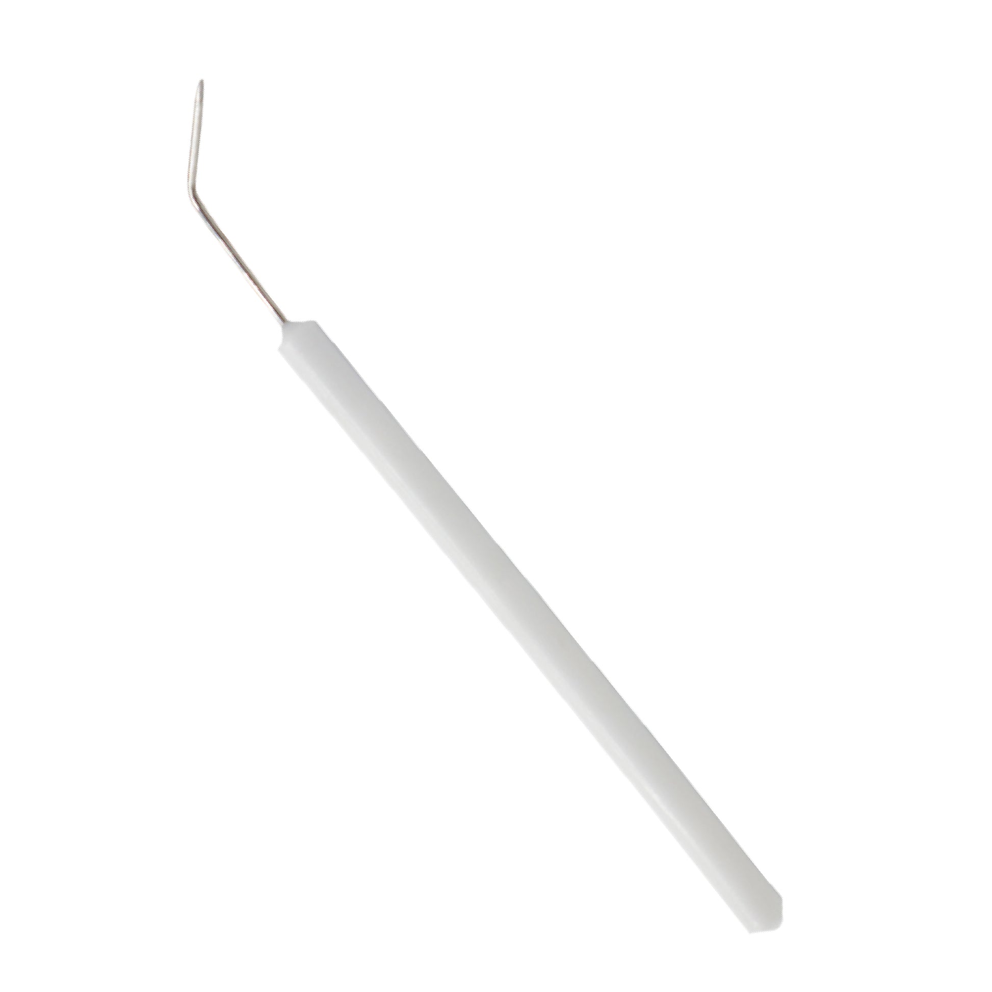  A dissecting teasing needle with a white plastic handle and a stainless steel shaft featuring a 115-degree angled or bent point.