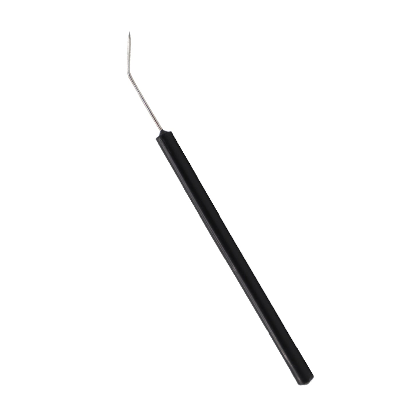  A dissecting teasing needle featuring a long, thin stainless steel tip with a bent point and a slender black plastic handle.