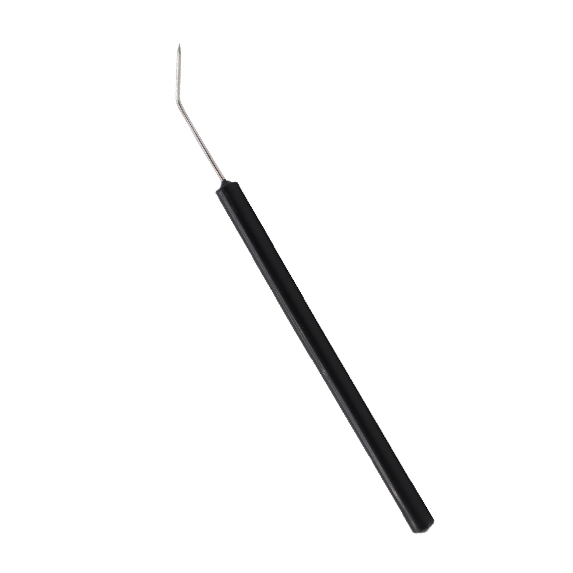  A dissecting teasing needle featuring a long, thin stainless steel tip with a bent point and a slender black plastic handle.