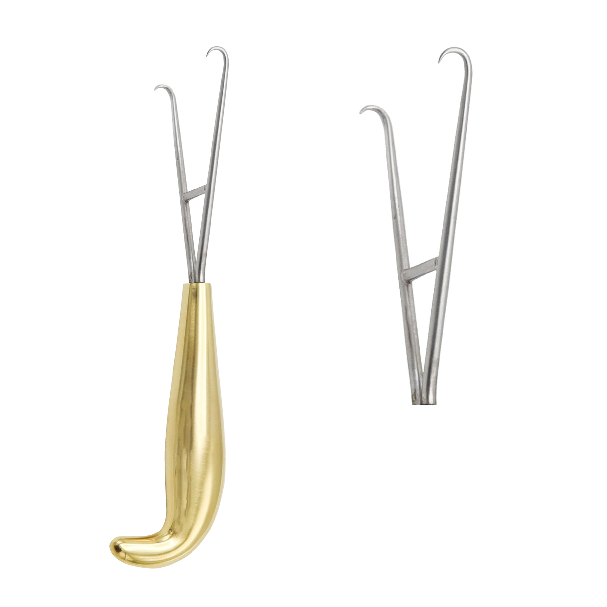 A dual-pronged Berens mastectomy skin flap retractor with a curved gold-plated handle and stainless steel surgical head, shown alongside a separate detail view of the prongs.
