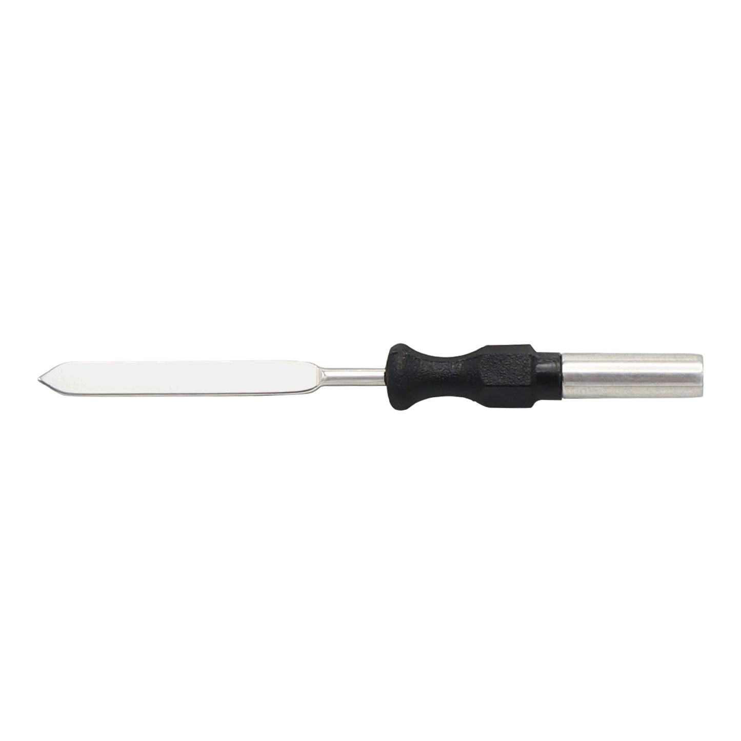 Spatula-style electrosurgical electrode with a straight metal blade, a black contoured ergonomic handle, and a cylindrical metal shaft connector.