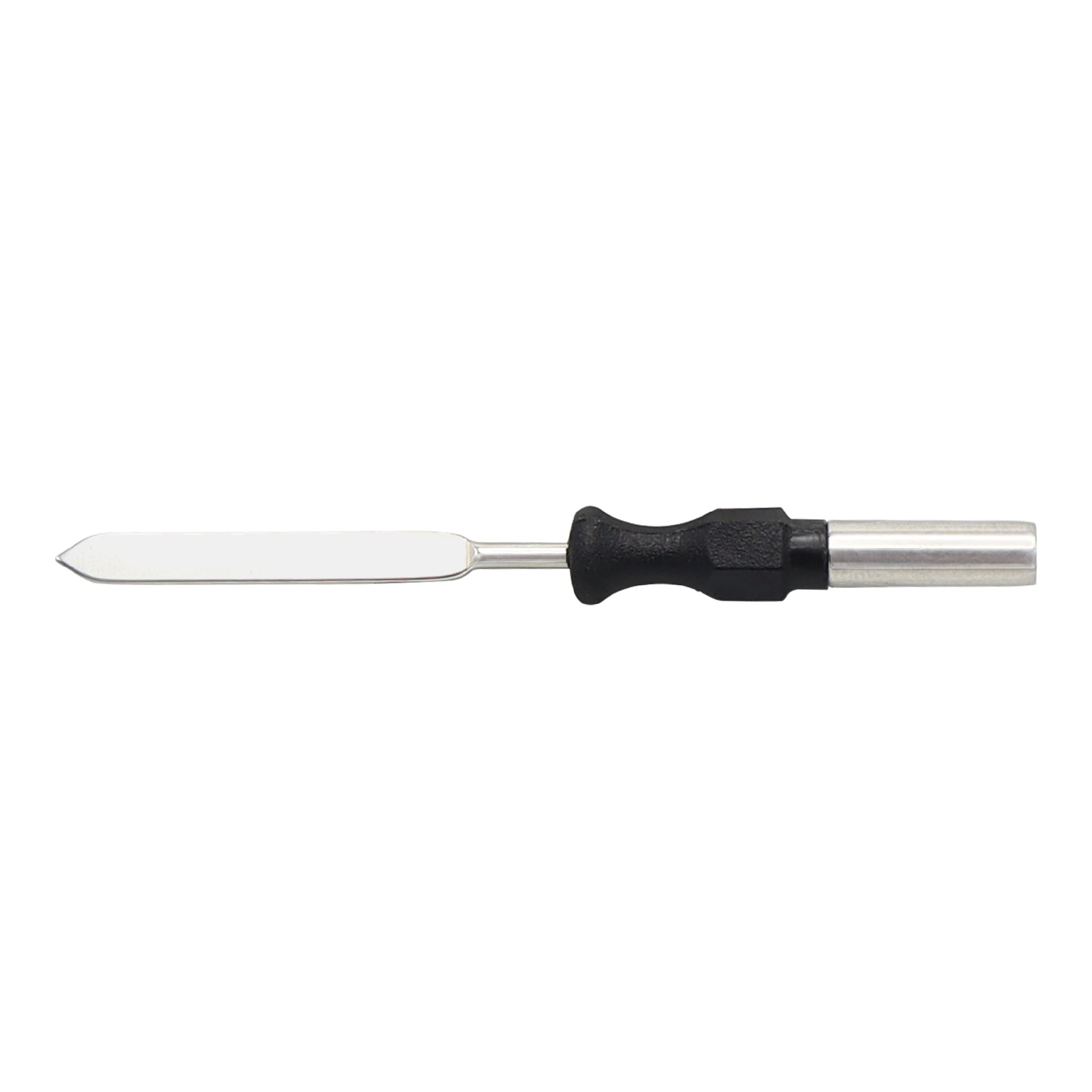 Spatula-style electrosurgical electrode with a straight metal blade, a black contoured ergonomic handle, and a cylindrical metal shaft connector.