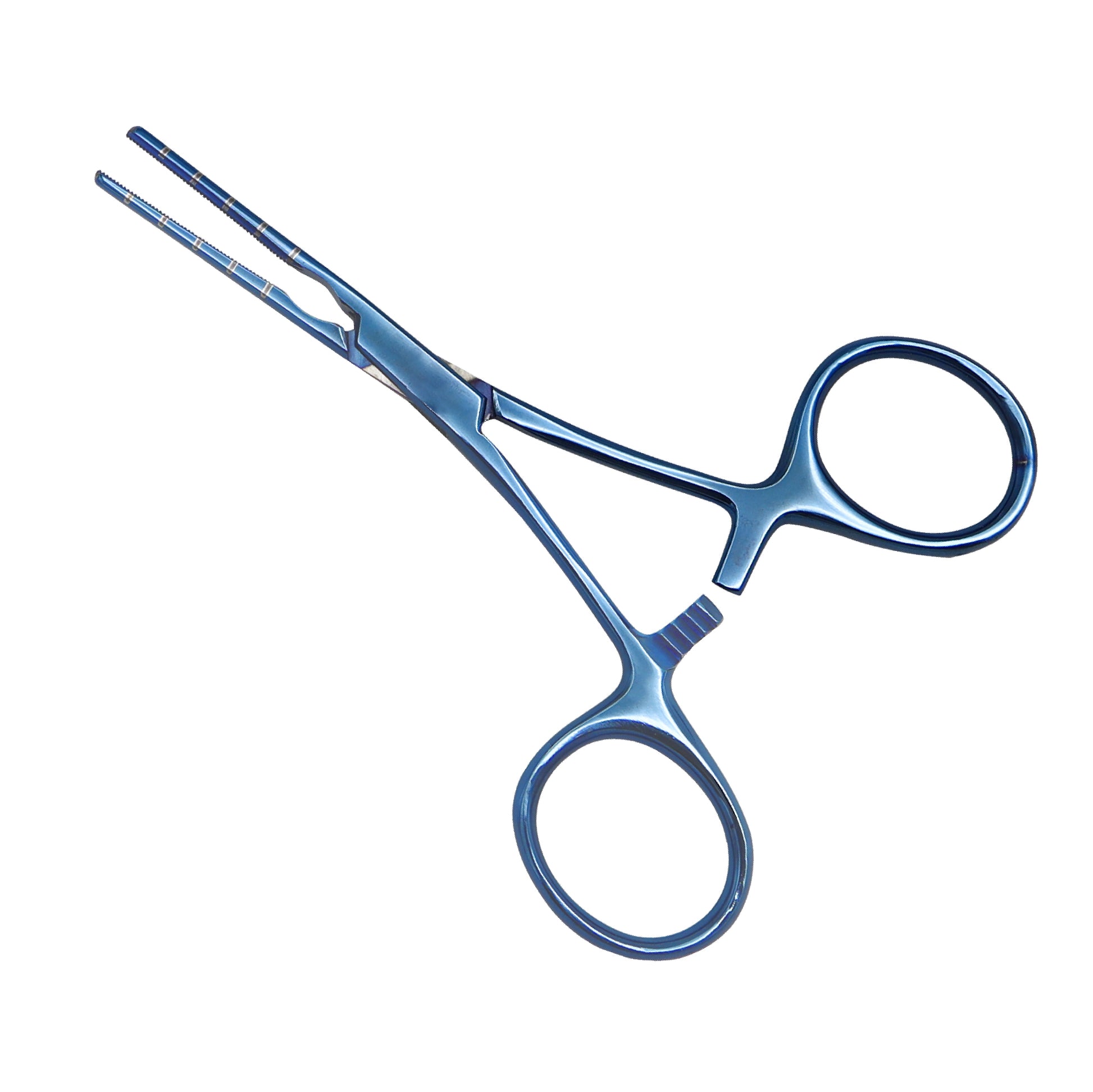 Blue titanium surgical vascular clamp with ring handles, a locking ratchet mechanism, and angled serrated jaws, isolated on a clean white background.