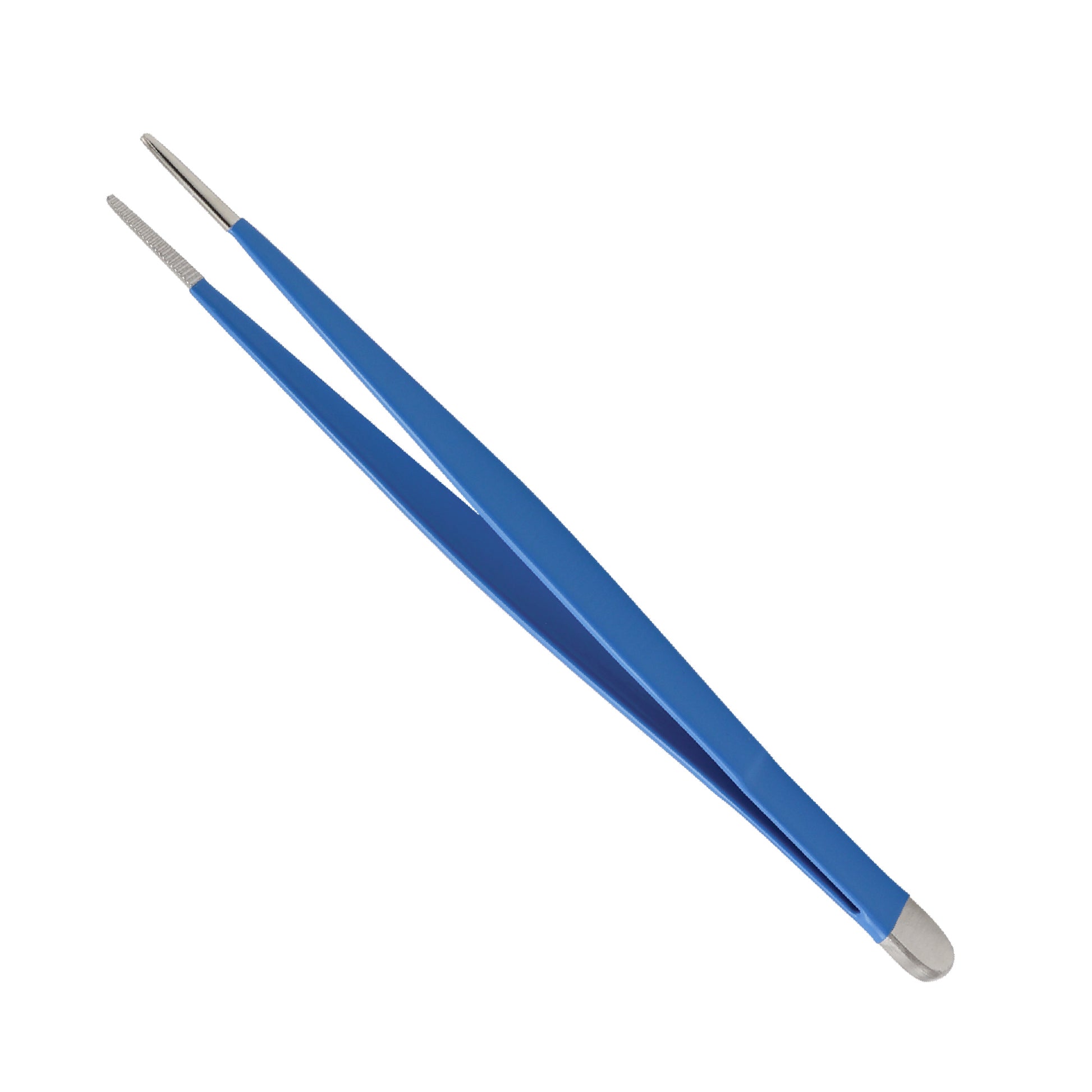 Blue cylindrical object with metallic ends on a white background