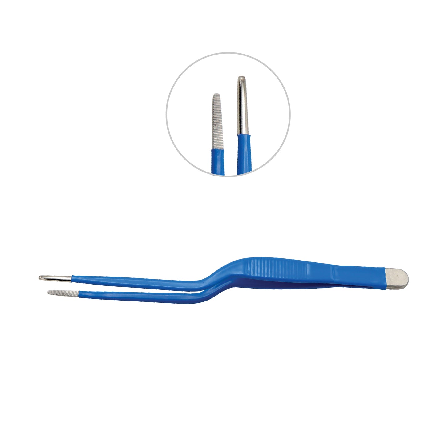 Blue tweezer tool with close-up inset on a white background