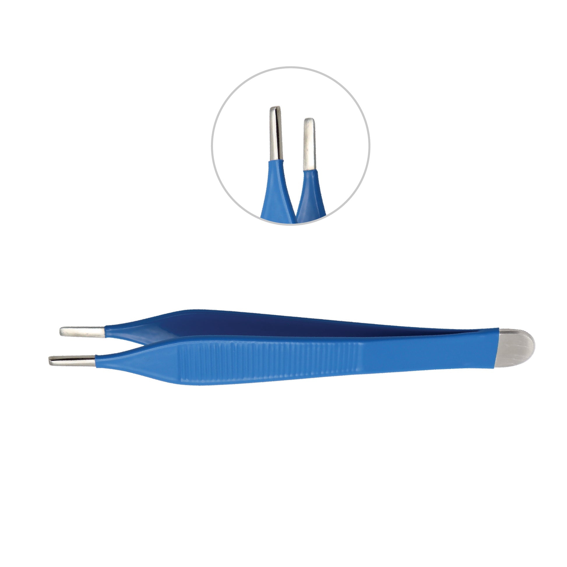 Blue tweezers with close-up inset on a white background