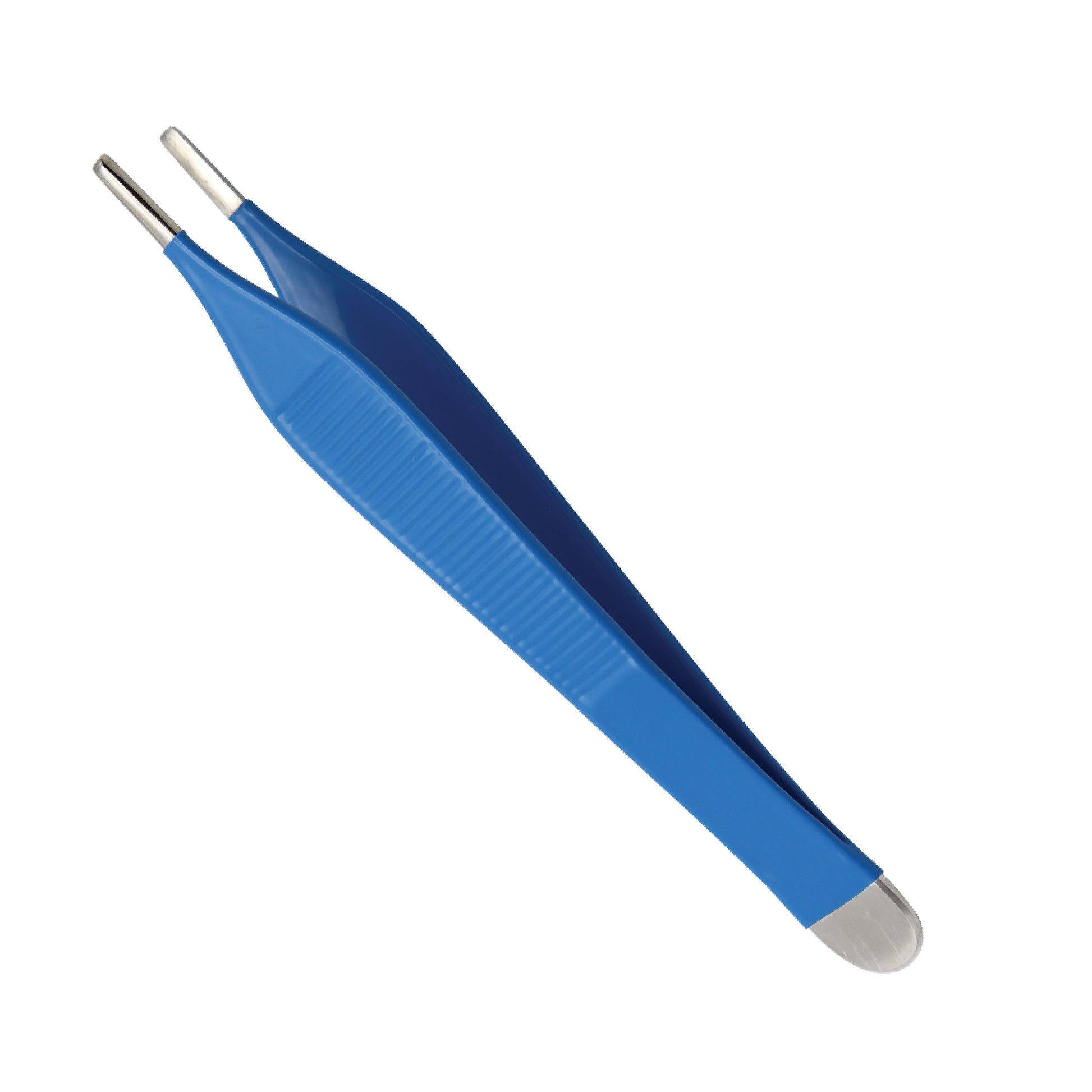 Blue tweezers with metallic tips on a white background