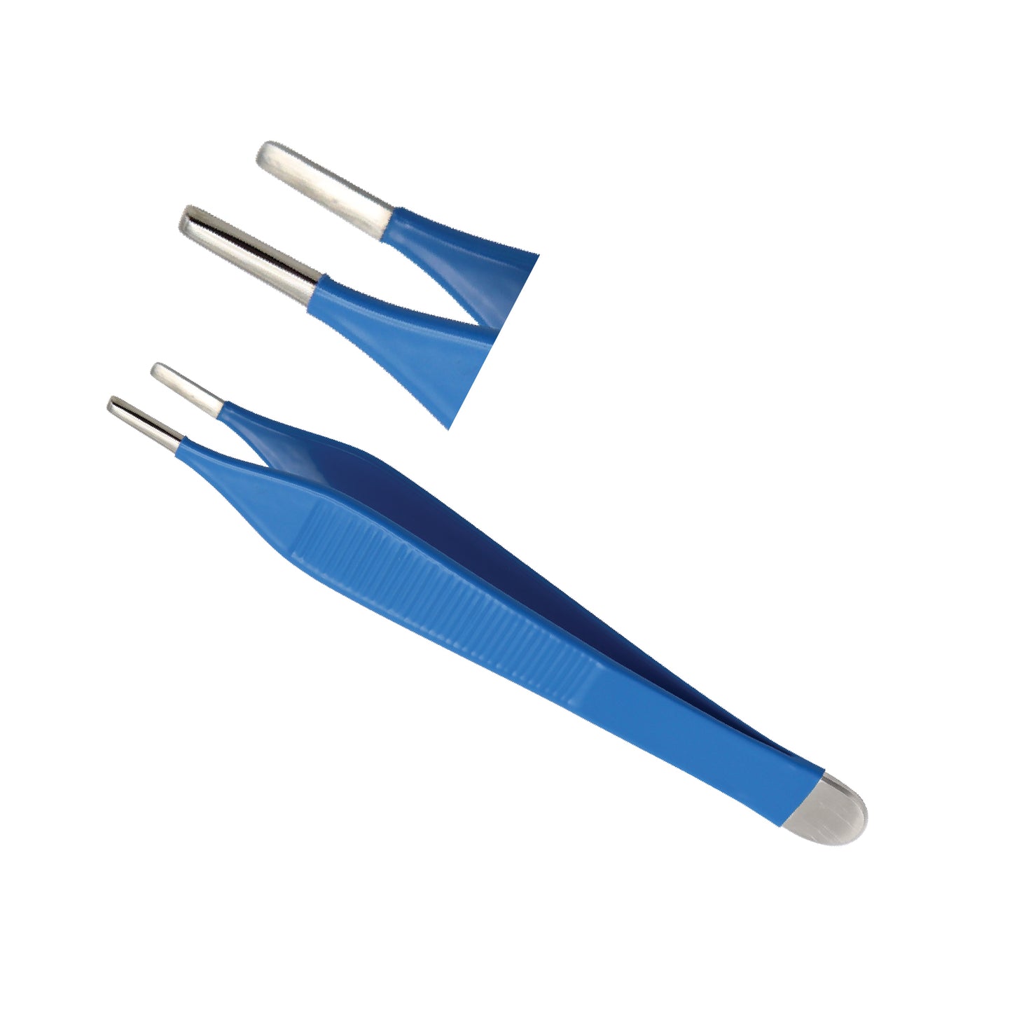 Blue tweezers with silver tips on a white background