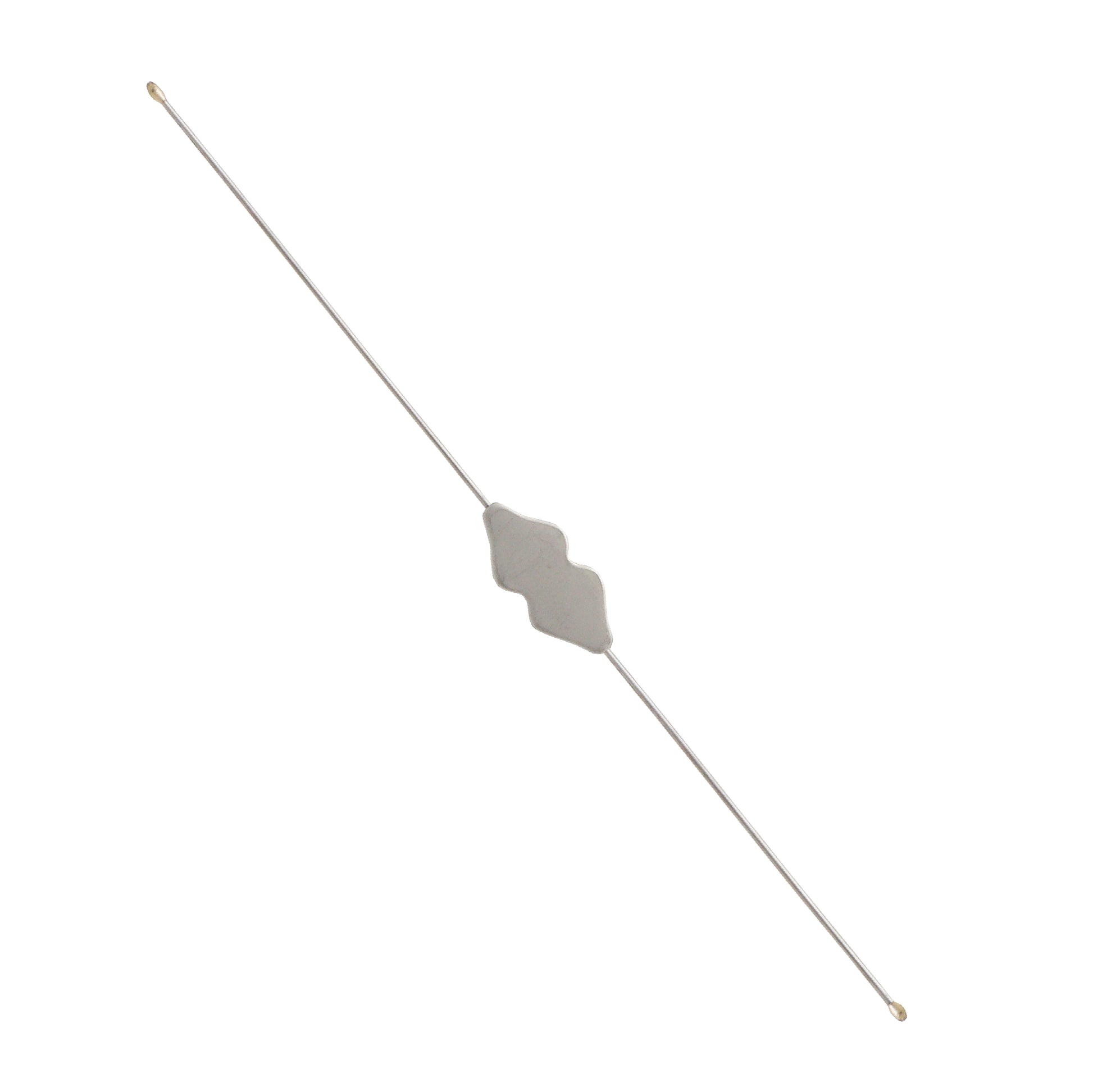 A double-ended Bowman lacrimal probe with a central butterfly-shaped grip and bulbous tips, made of medical-grade stainless steel.