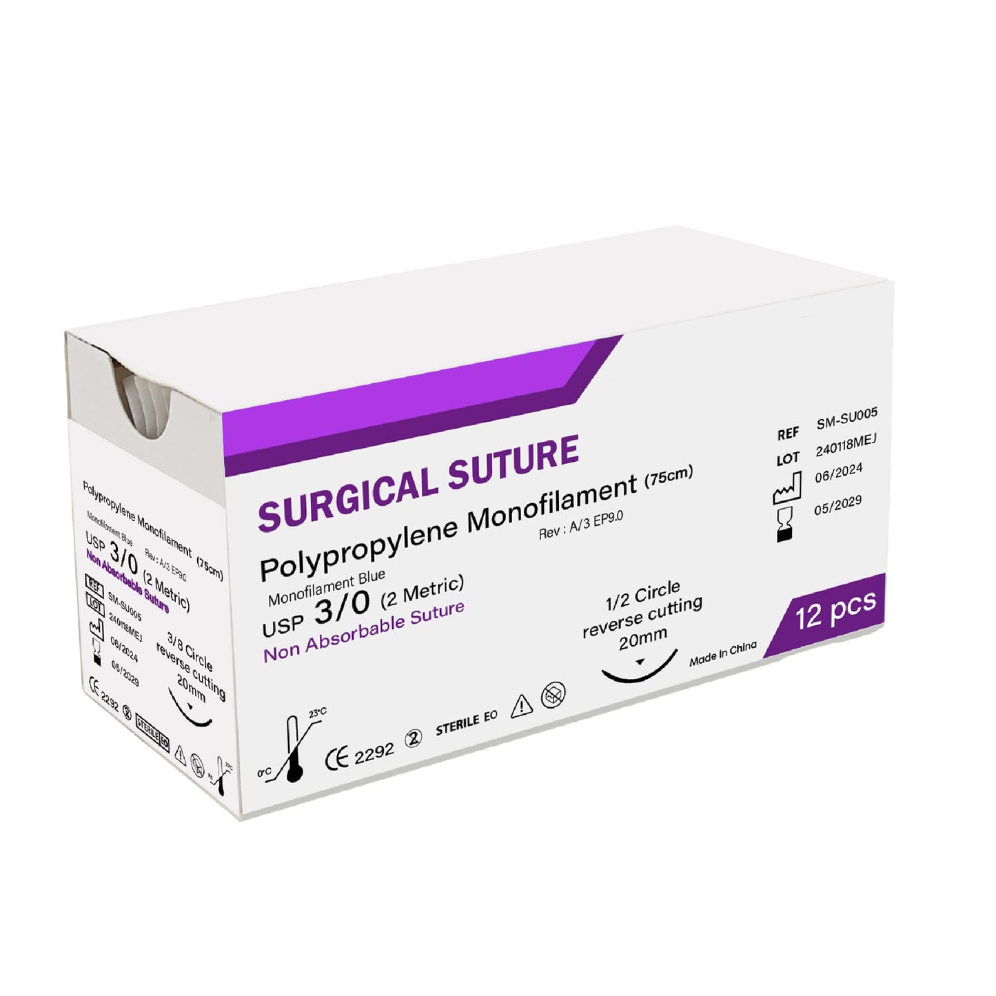 Box of surgical suture with purple and white design on a white background