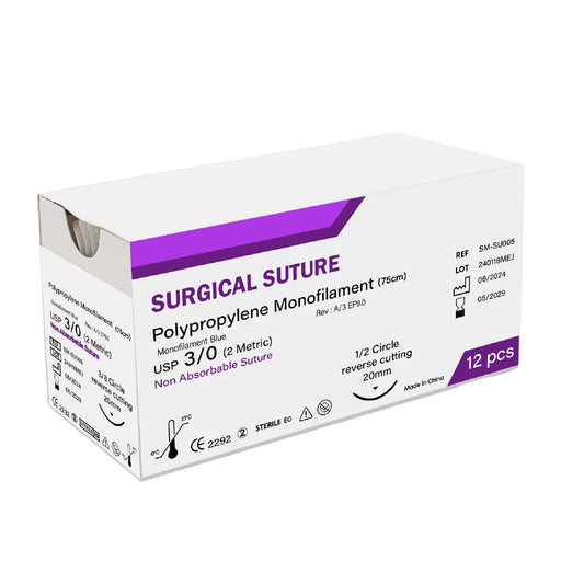 Box of surgical suture with purple and white design on a white background