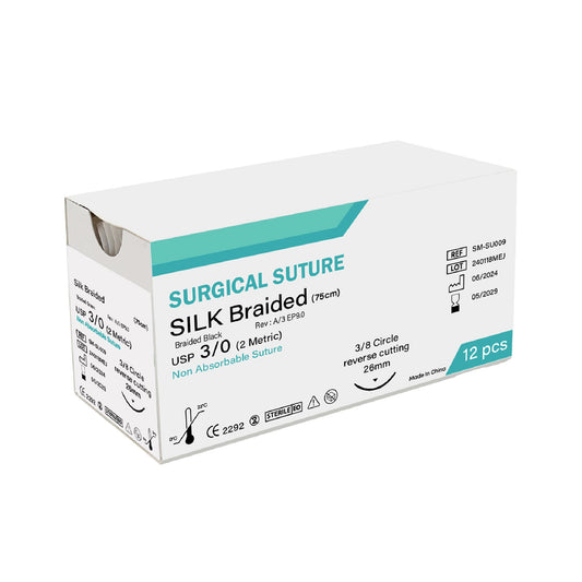 Box of surgical suture with 'Silk Braided' text on a white background