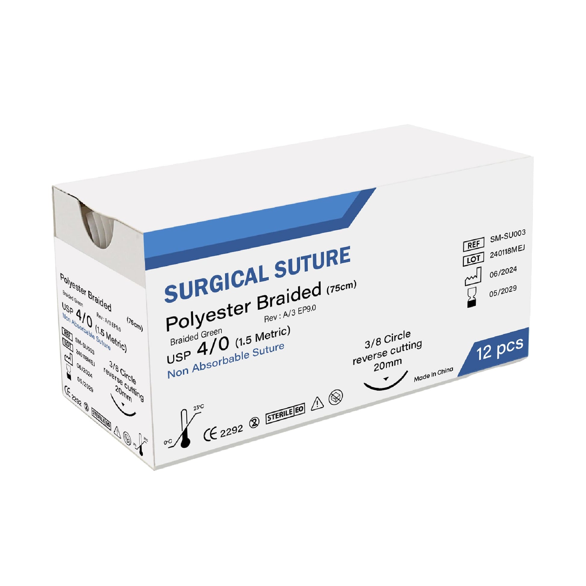 Box of surgical suture with blue and white design on a white background