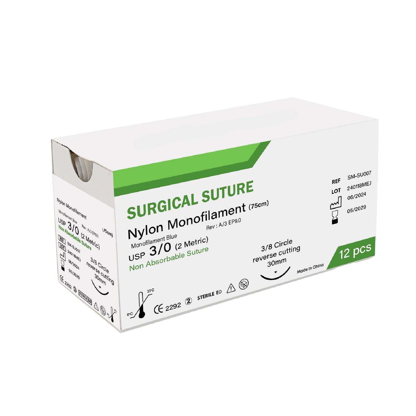 Box of surgical suture with green and white design on a white background