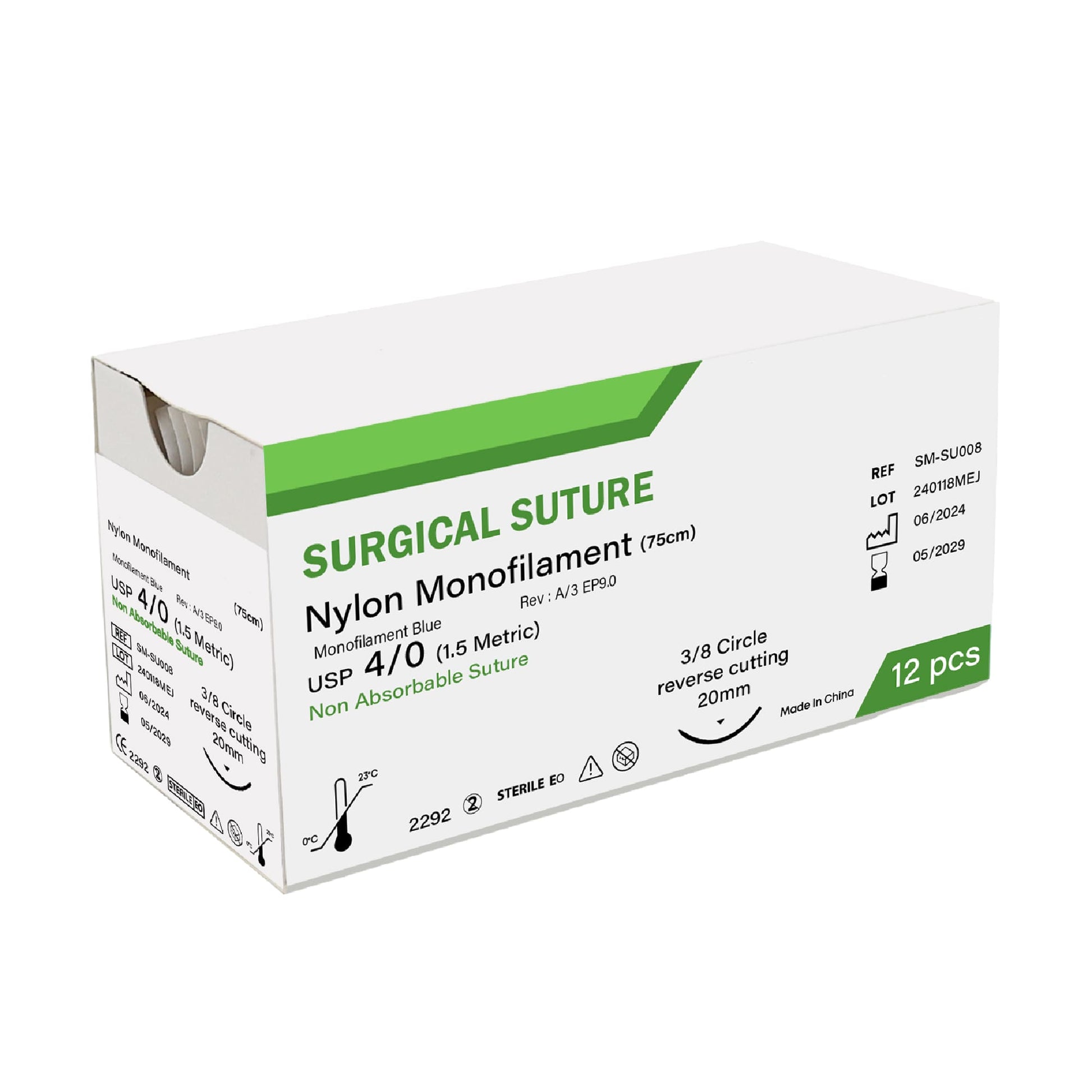 Box of surgical suture with green and white design on a white background