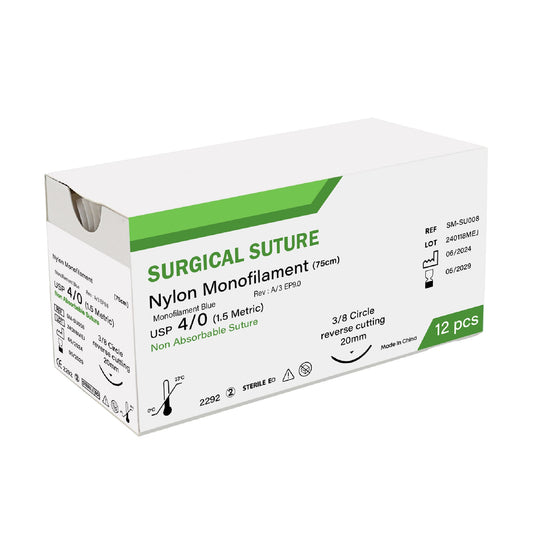 Box of surgical suture with green and white design on a white background