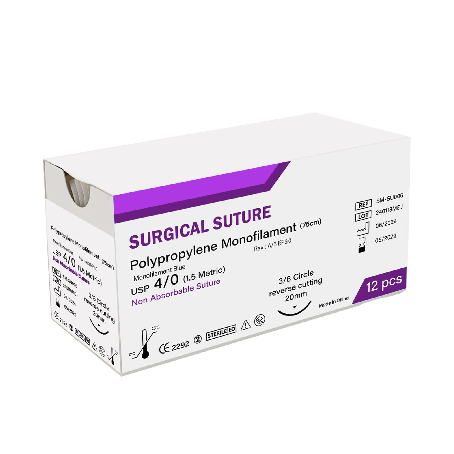 Box of surgical suture with purple and white design on a white background
