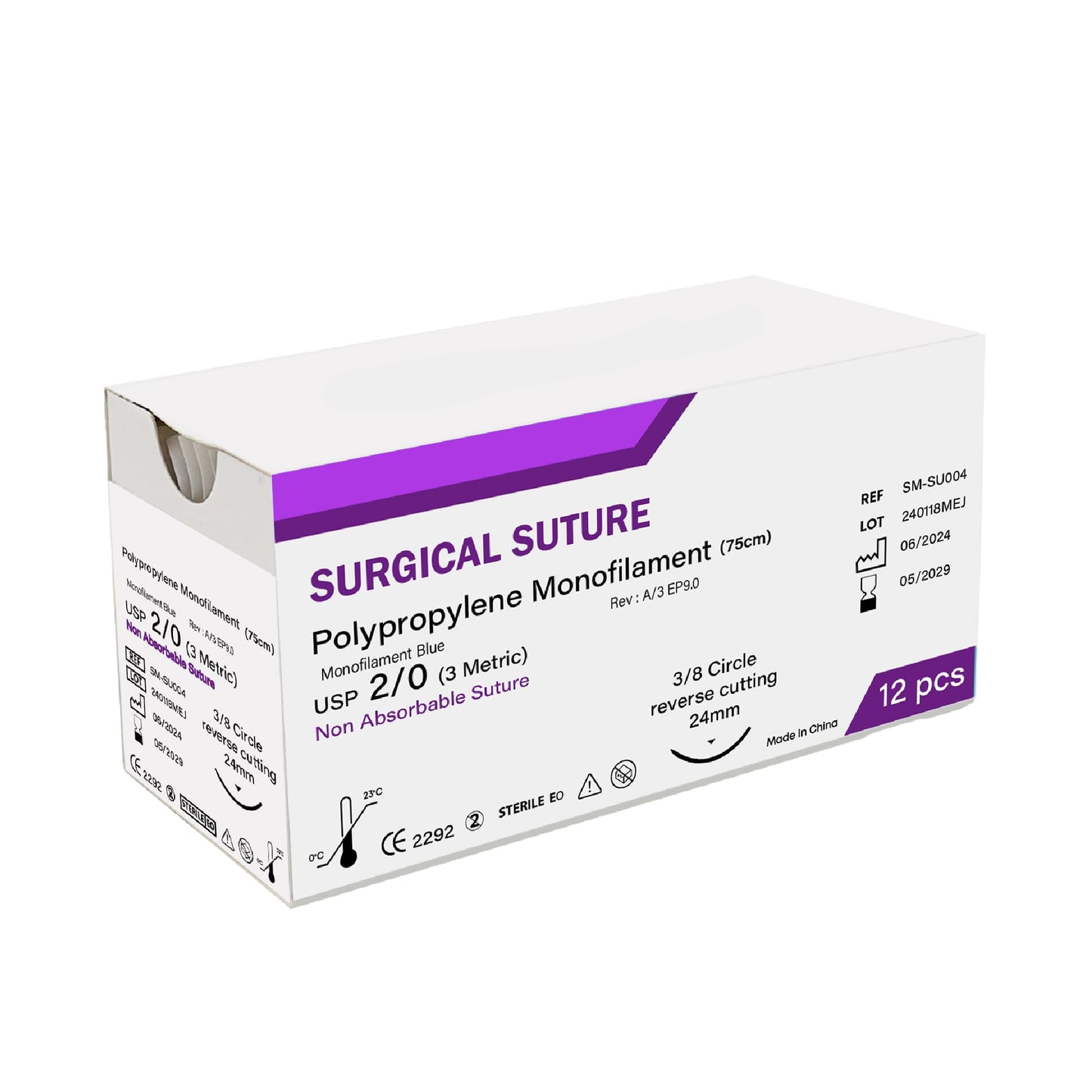 Box of surgical suture with purple and white design on a white background