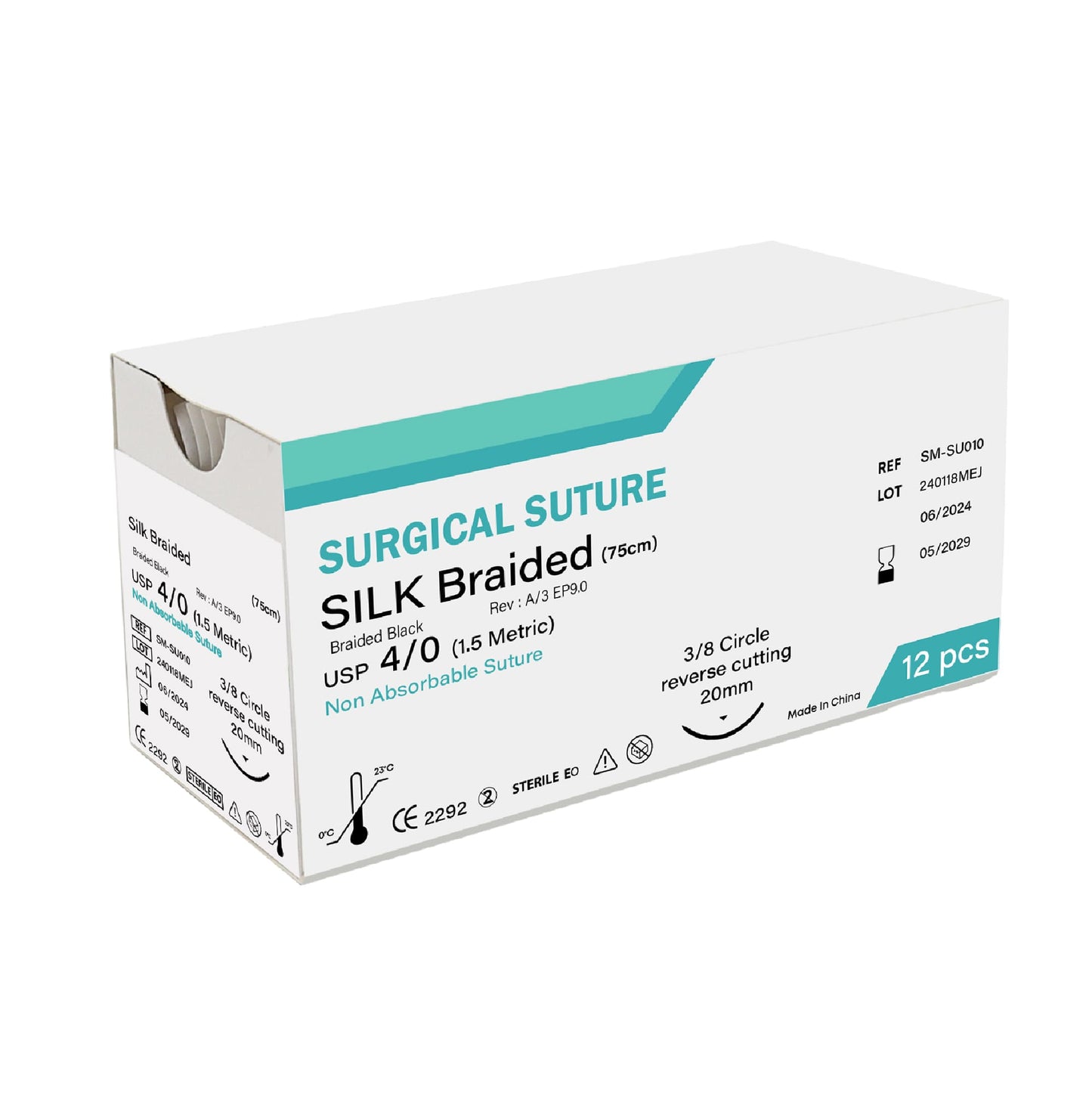 Box of surgical suture with text and branding on a white background