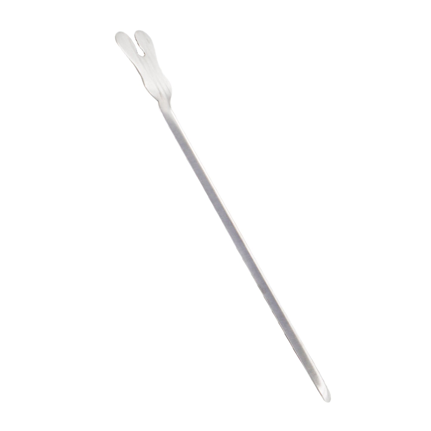A long, slender stainless steel surgical instrument featuring a straight grooved shaft and a flat, notched butterfly-shaped handle.