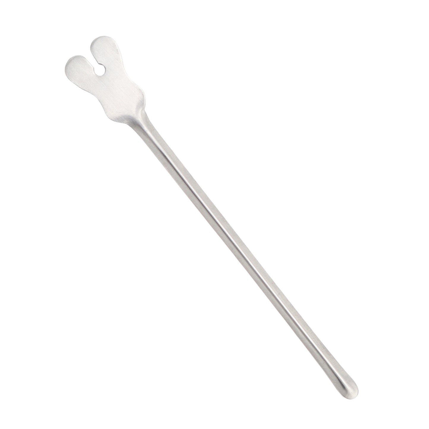  A stainless steel Grooved Director with a butterfly-shaped handle and a straight, grooved shaft.