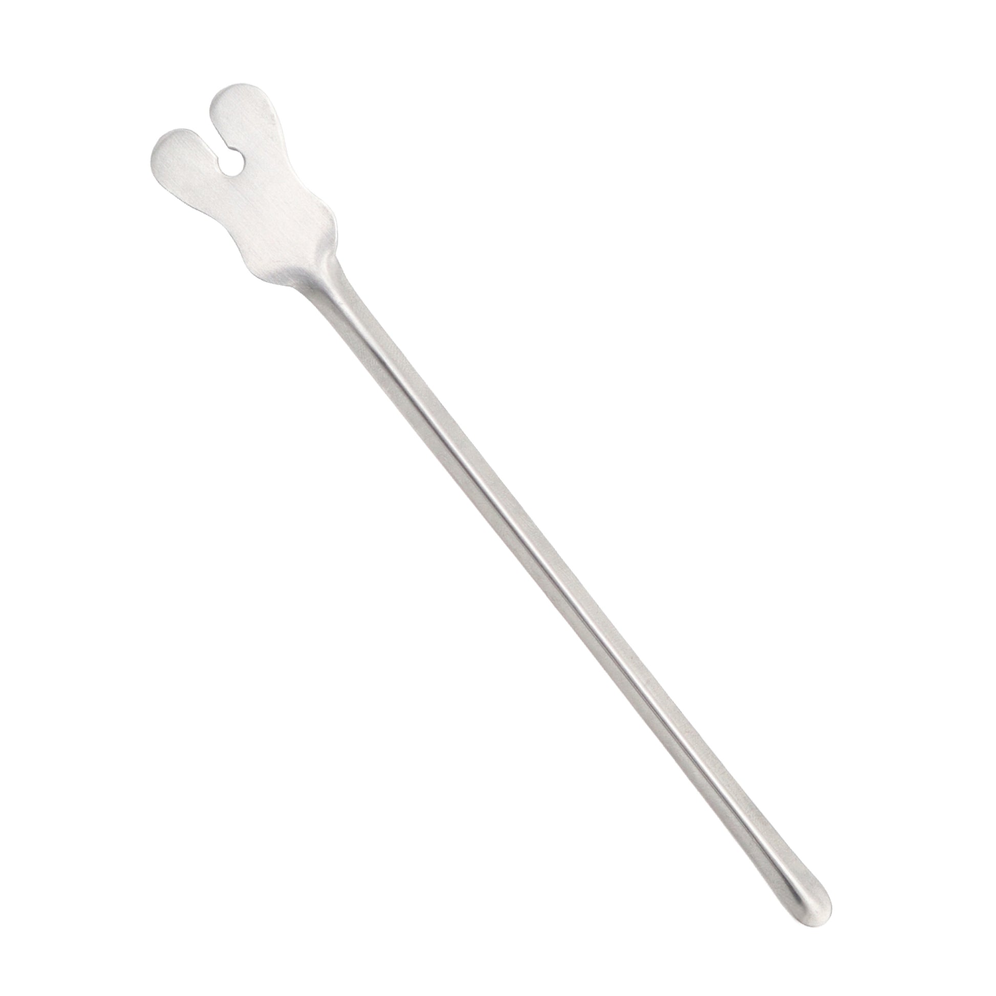 A stainless steel Grooved Director with a butterfly-shaped handle and a straight, grooved shaft.