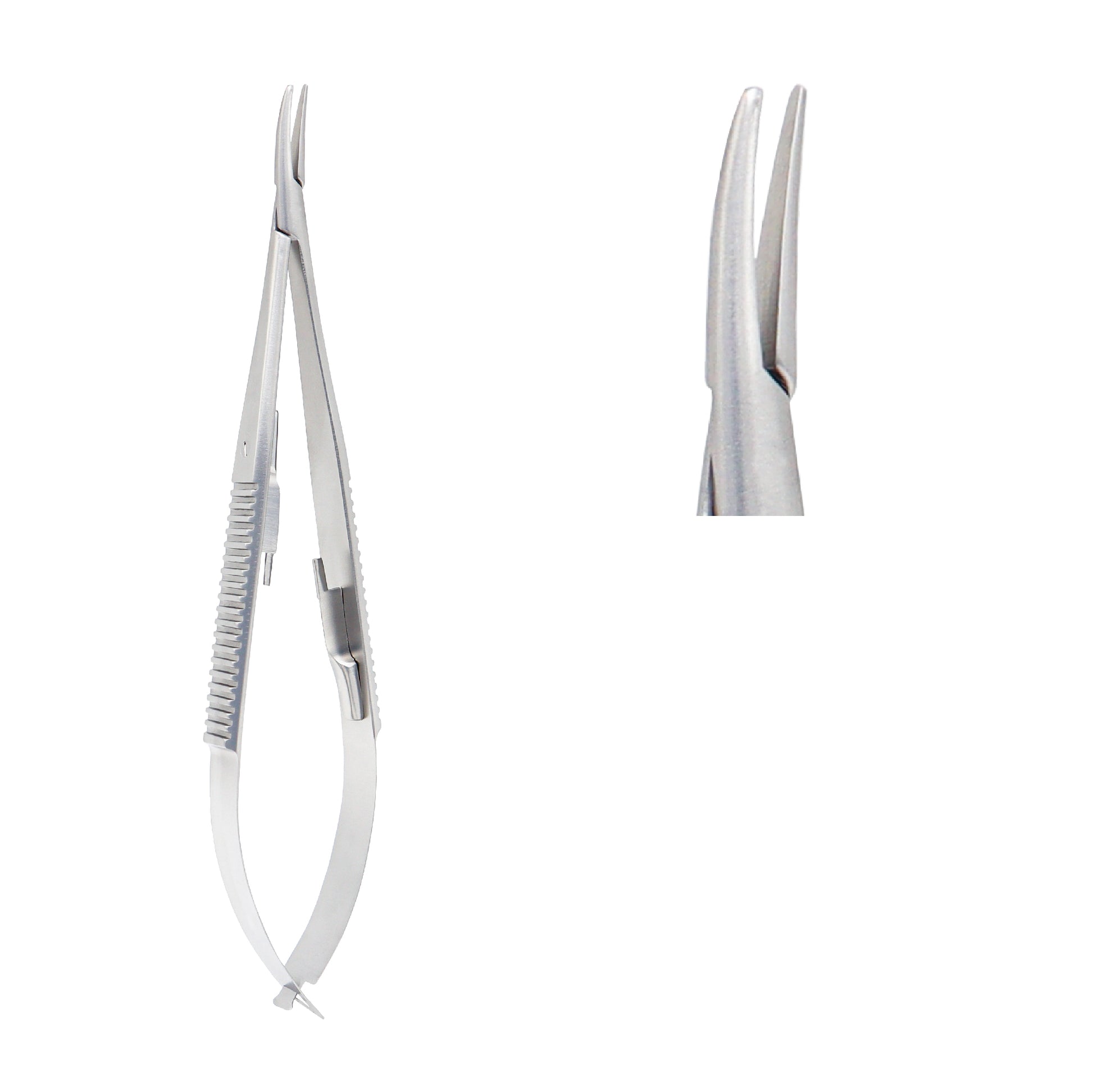 Close-up of Castroviejo Micro-Needle Holder curved 14 cm showing 1.0 x 12 mm tip and locking mechanism.