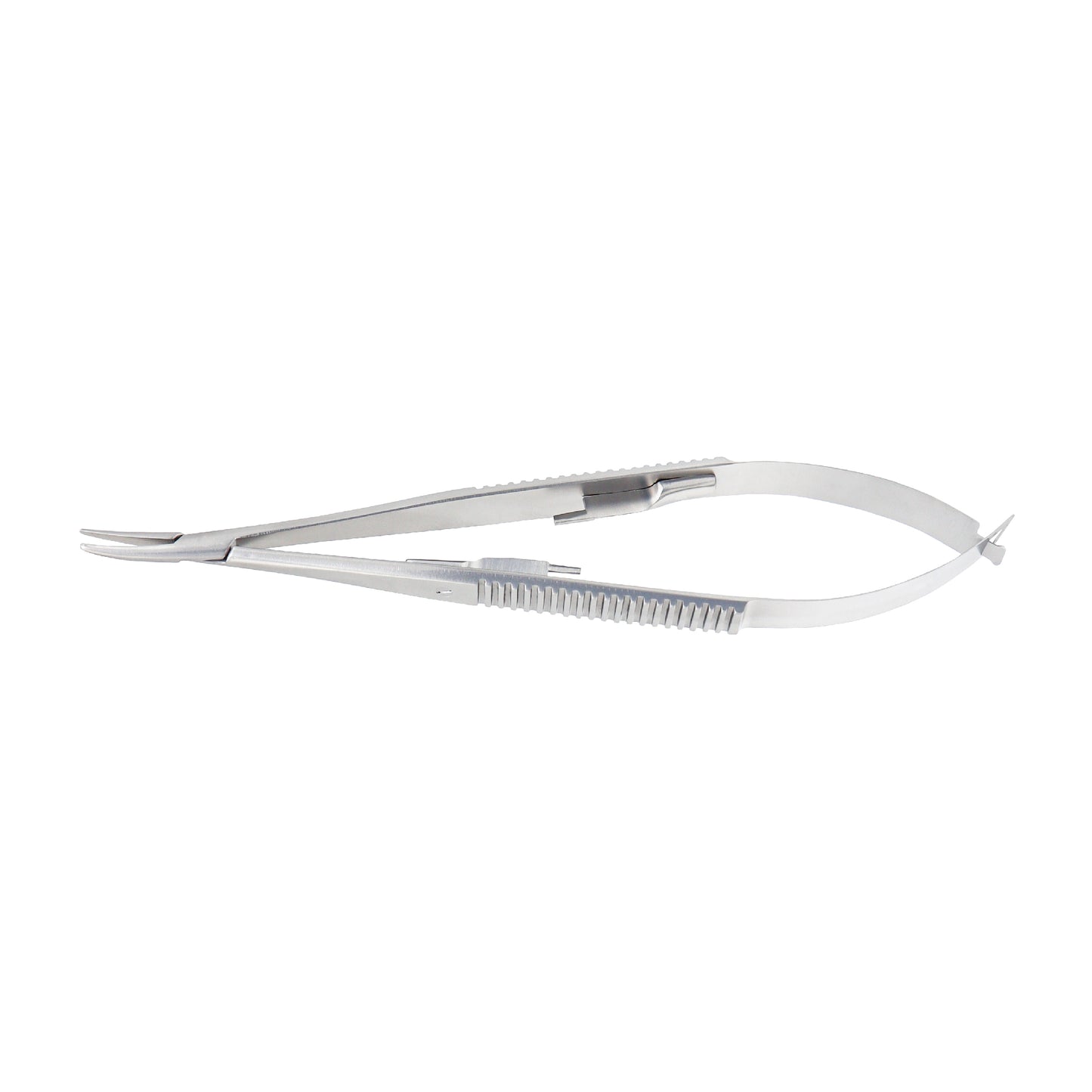 Castroviejo Micro-Needle Holder curved 14 cm with lock and 1.0 x 12 mm tip for precision eye surgery.