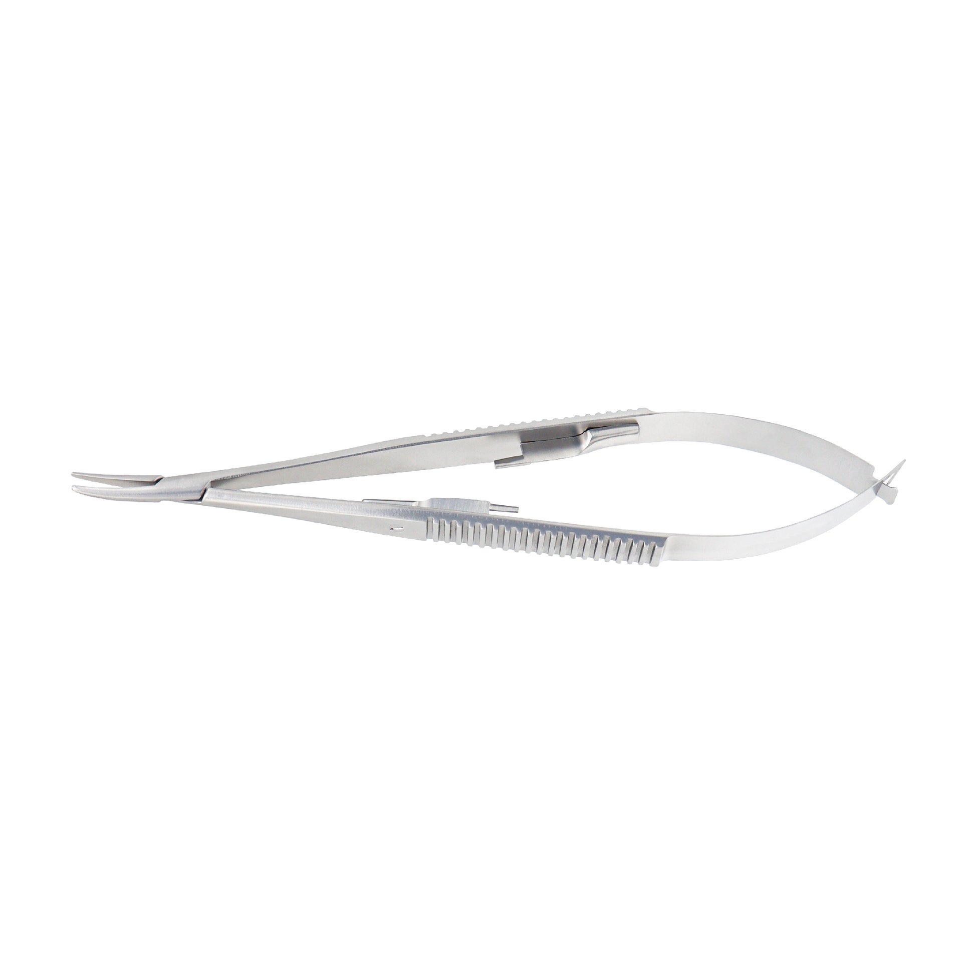 Castroviejo Micro-Needle Holder curved 14 cm with lock and 1.0 x 12 mm tip for precision eye surgery.