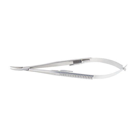 Castroviejo Micro-Needle Holder curved 14 cm with lock and 1.0 x 12 mm tip for precision eye surgery.
