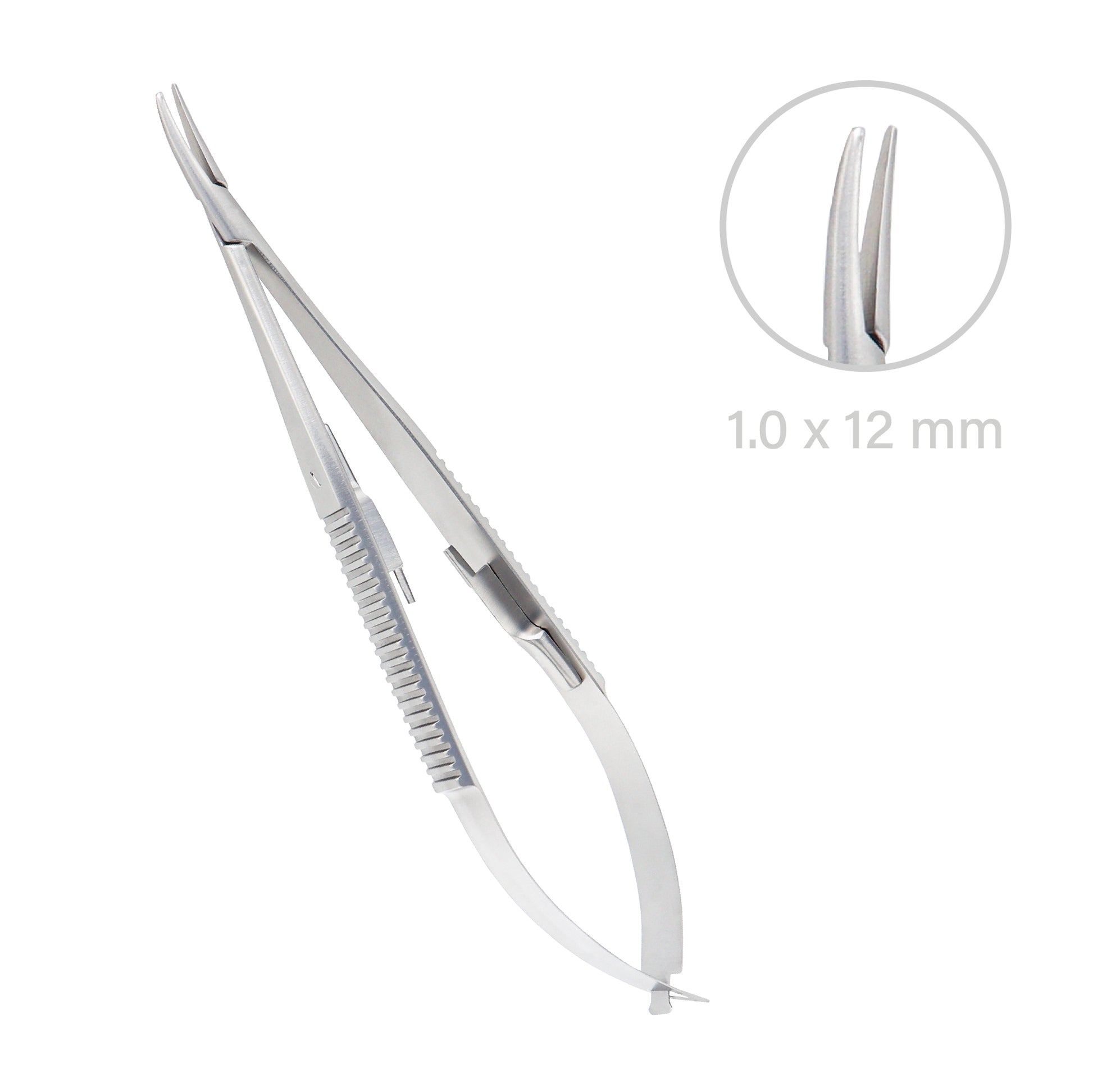 Stainless steel Castroviejo Micro-Needle Holder curved 14 cm with lock used in ophthalmic microsurgery.
