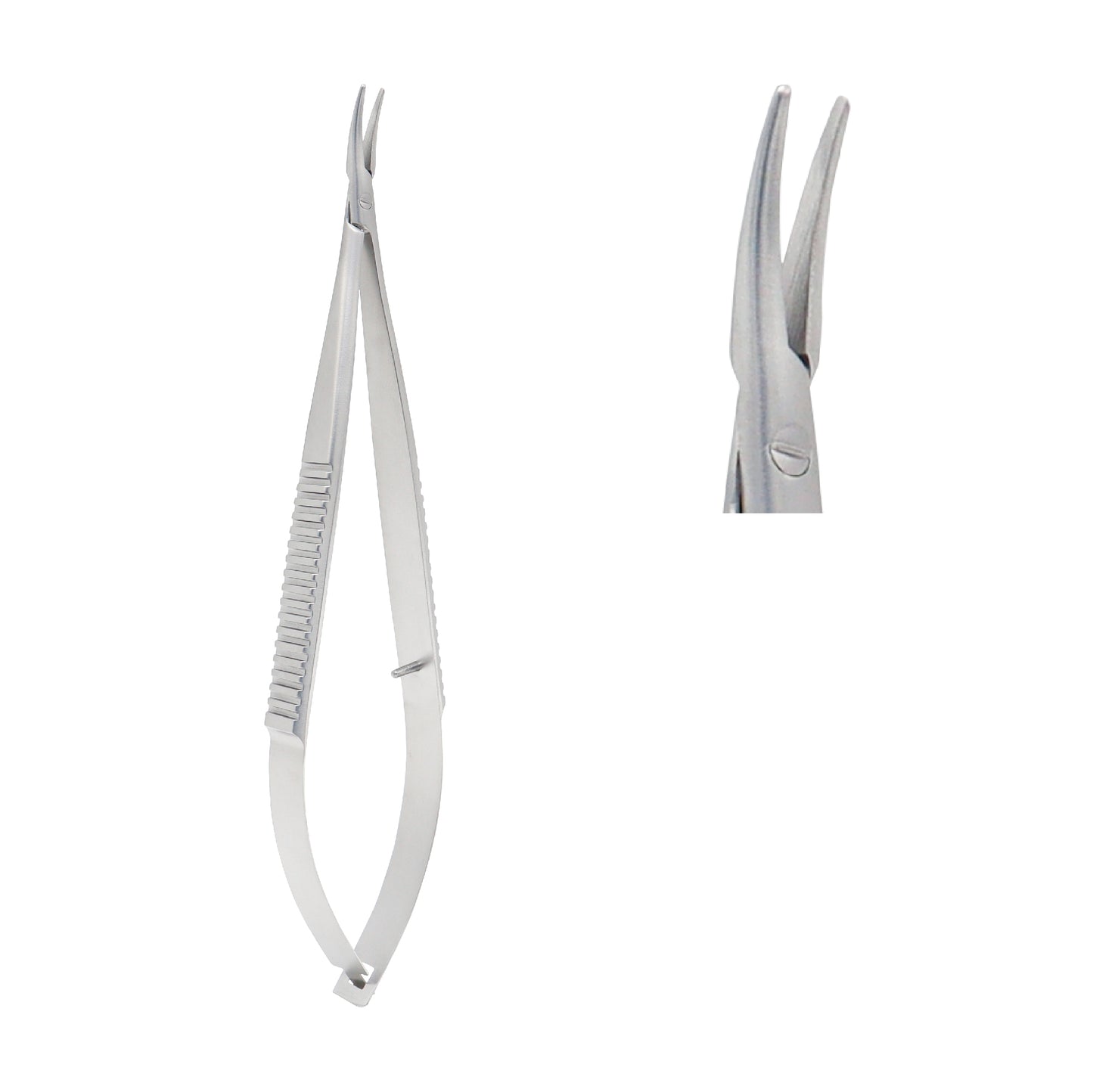 Close-up of Castroviejo Micro-Needle Holder curved 14 cm without lock showing 1.0 x 12 mm tip.