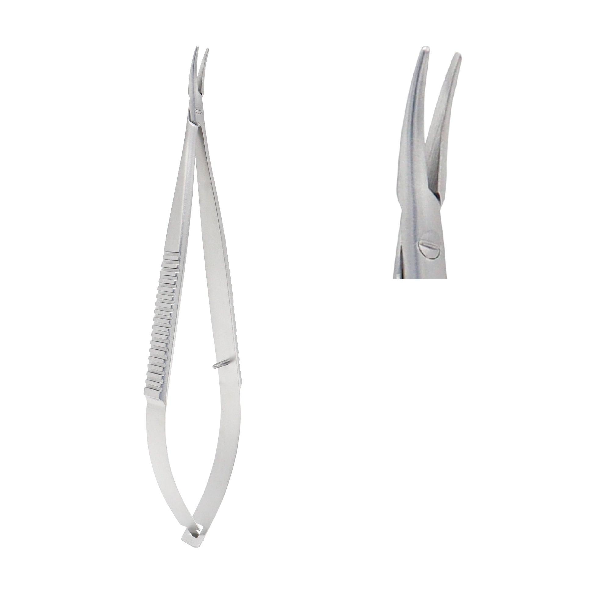 Close-up of Castroviejo Micro-Needle Holder curved 14 cm without lock showing 1.0 x 12 mm tip.