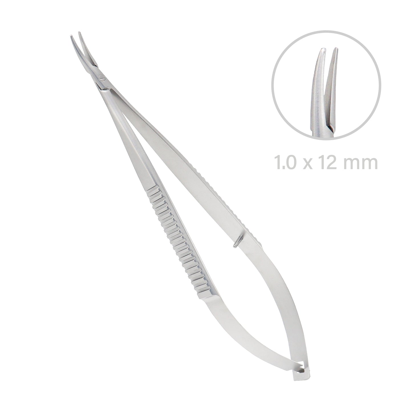Stainless steel Castroviejo Micro-Needle Holder curved overall length 14 cm without lock for ophthalmic surgery.