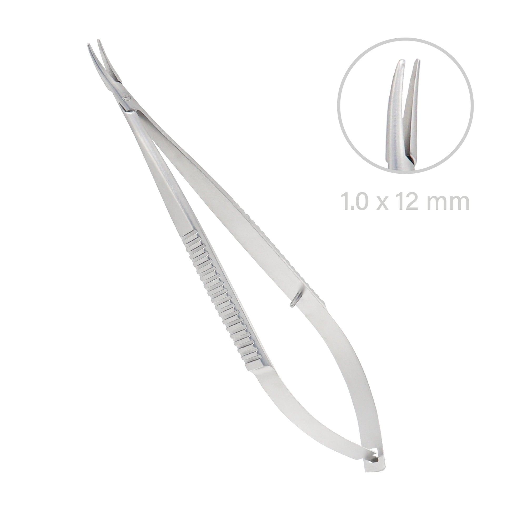 Stainless steel Castroviejo Micro-Needle Holder curved overall length 14 cm without lock for ophthalmic surgery.