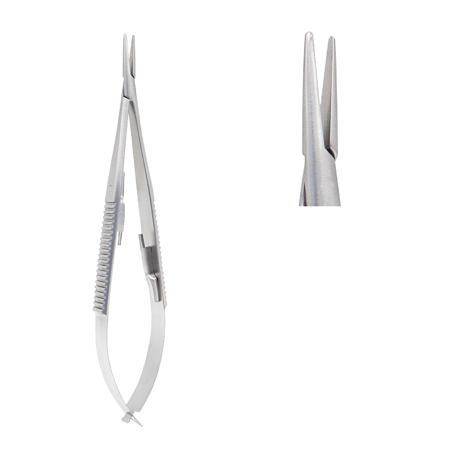 Close-up of Castroviejo Micro-Needle Holder straight 14 cm showing 1.0 x 12 mm tip and locking mechanism.