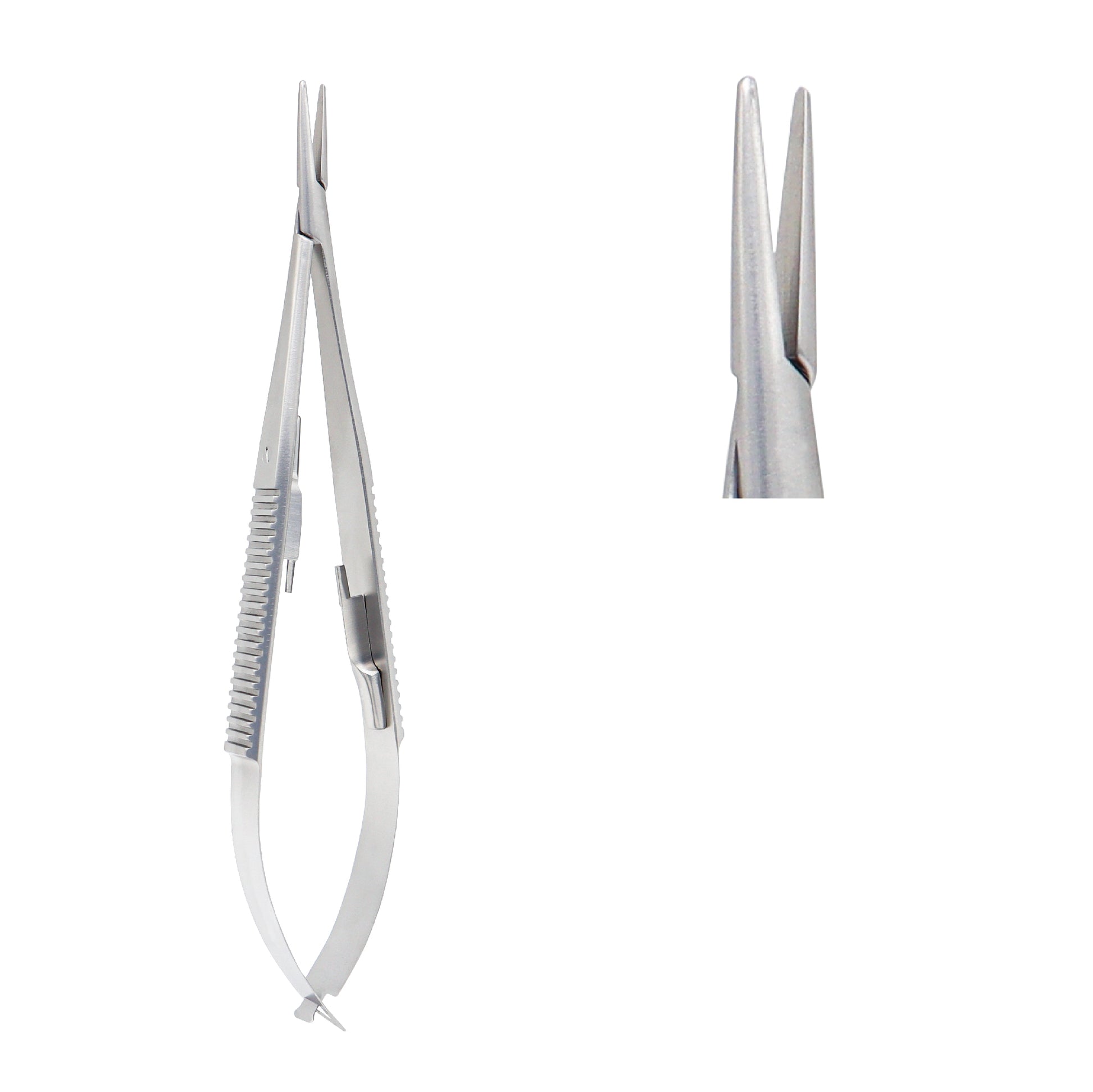 Close-up of Castroviejo Micro-Needle Holder straight 14 cm showing 1.0 x 12 mm tip and locking mechanism.
