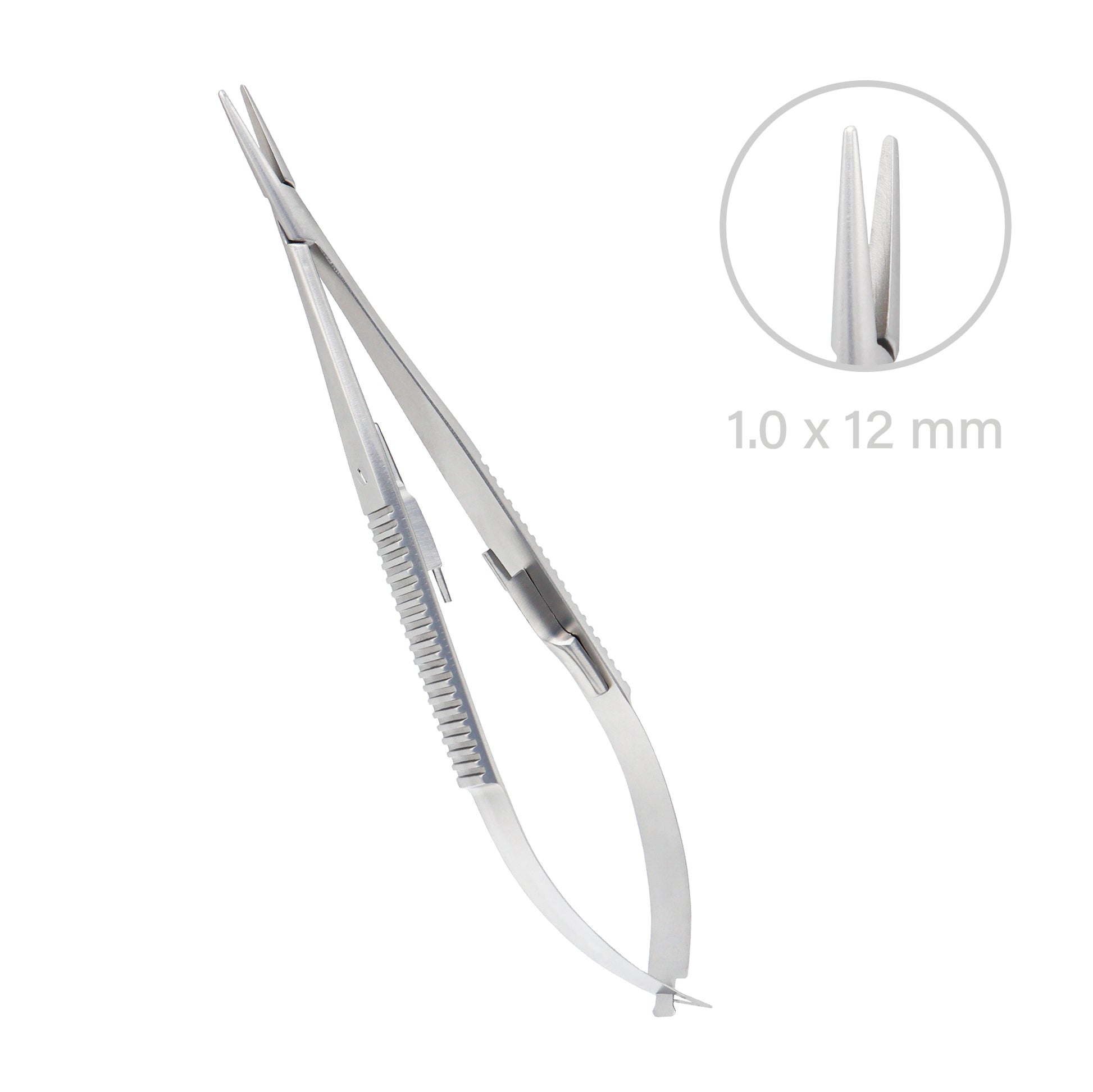 Stainless steel Castroviejo Micro-Needle Holder straight overall length 14 cm with lock for ophthalmic surgery.