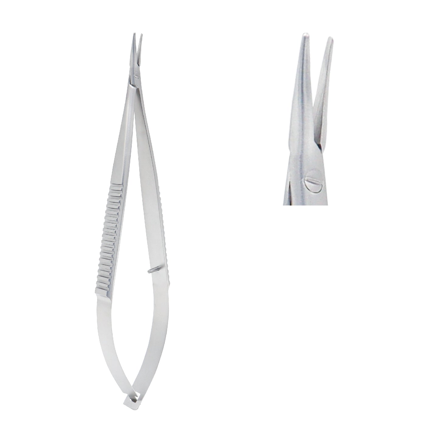 Close-up of Castroviejo Micro-Needle Holder straight 14 cm without lock showing 1.0 x 12 mm tip.
