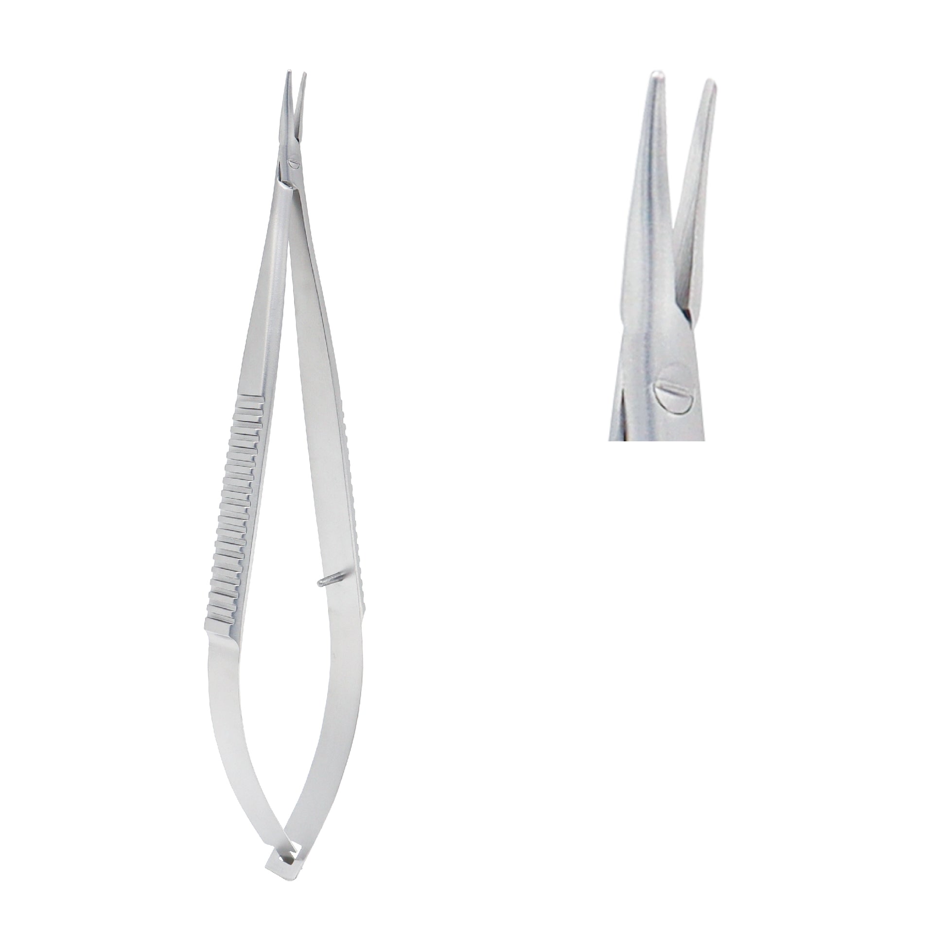 Close-up of Castroviejo Micro-Needle Holder straight 14 cm without lock showing 1.0 x 12 mm tip.