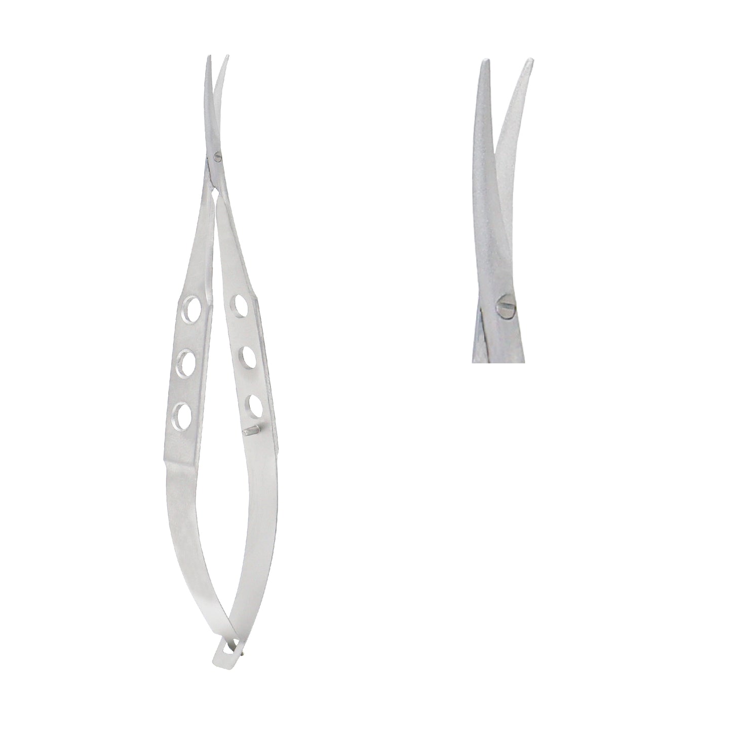 Close-up of Castroviejo Scissors curved 11.5 cm with 14 mm blunt blades for delicate microsurgical procedures.