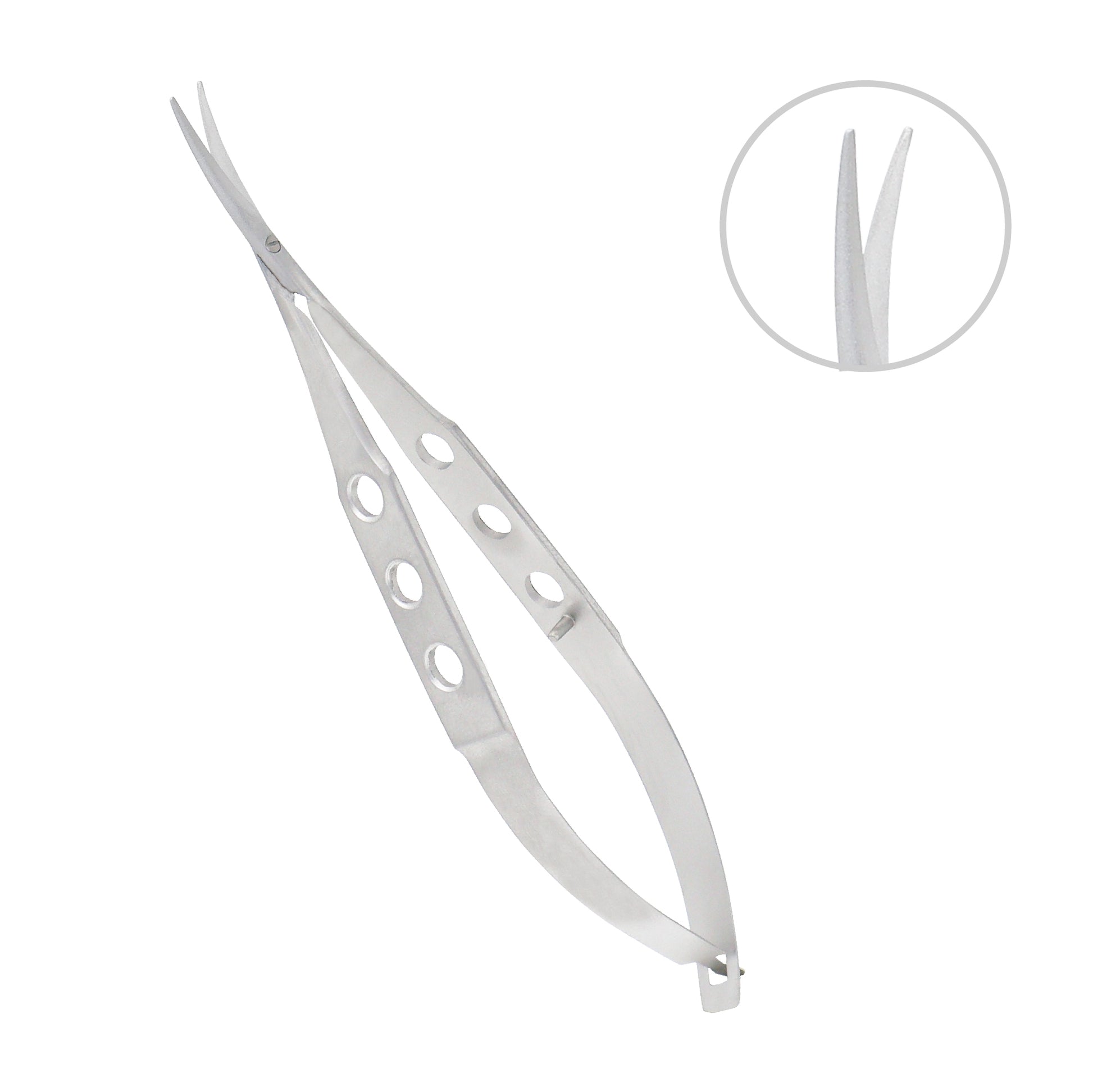 Stainless steel Castroviejo Scissors curved overall length 11.5 cm with blunt tips for eye surgery.